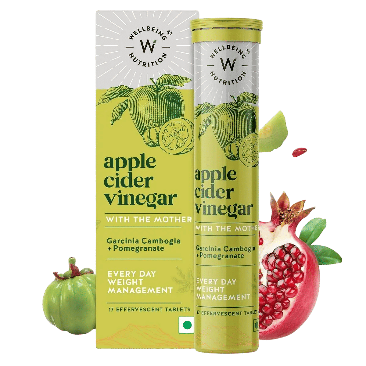 Wellbeing Nutrition Apple Cider Vinegar (ACV) 17 Effervescent Tablets with the Mother and Garcinia Cambogia, Pomegranate | Effective Weight Management, Gut Health (Pack of 1)