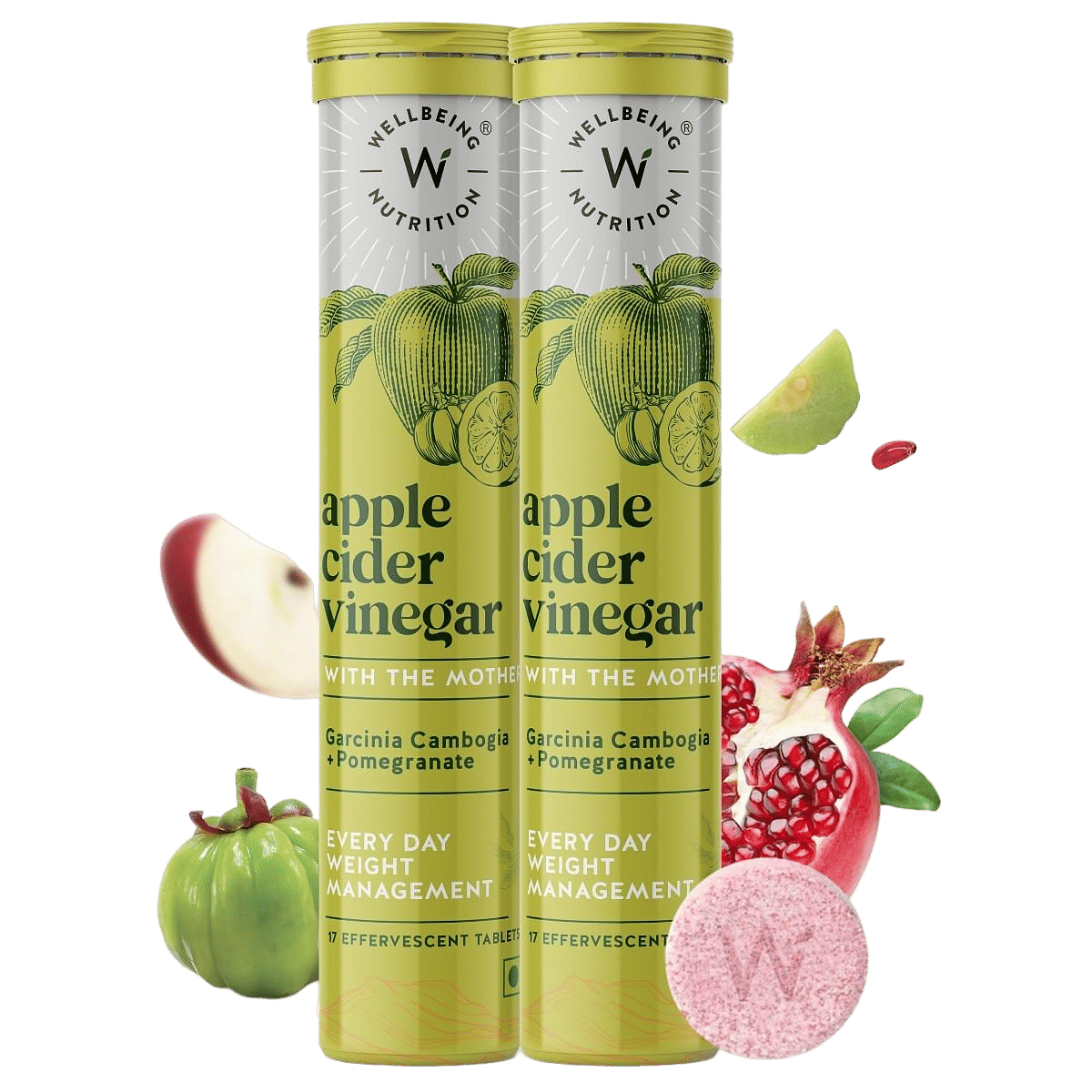Wellbeing Nutrition Apple Cider Vinegar with the Mother and Garcinia Cambogia , Pomegranate | Effective Weight Management, Gut Health and Skin Glow (34 Effervescent Tablets, Pack of 2)