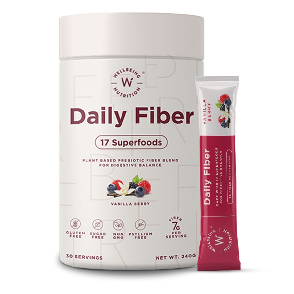 Wellbeing Nutrition Daily Fiber Natural Prebiotic Digestive Fiber from Nuts, Seeds & Legumes Relieves Bloating, Gas, Constipation , Acidity Control Weight & Cholesterol Vanilla Berry - 30 Se