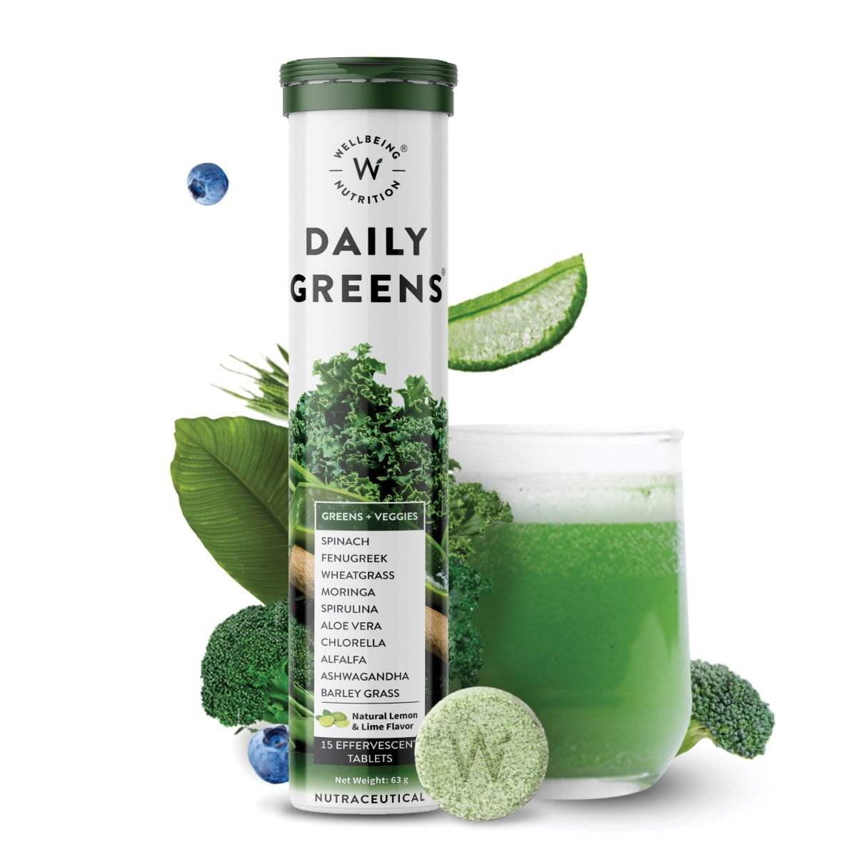 Wellbeing Nutrition Daily Greens | Wholefood Multivitamin with Vitamin C, Zinc, B6, B12 for Immunity and Detox (15 Effervescent Tablets) Pack of 1