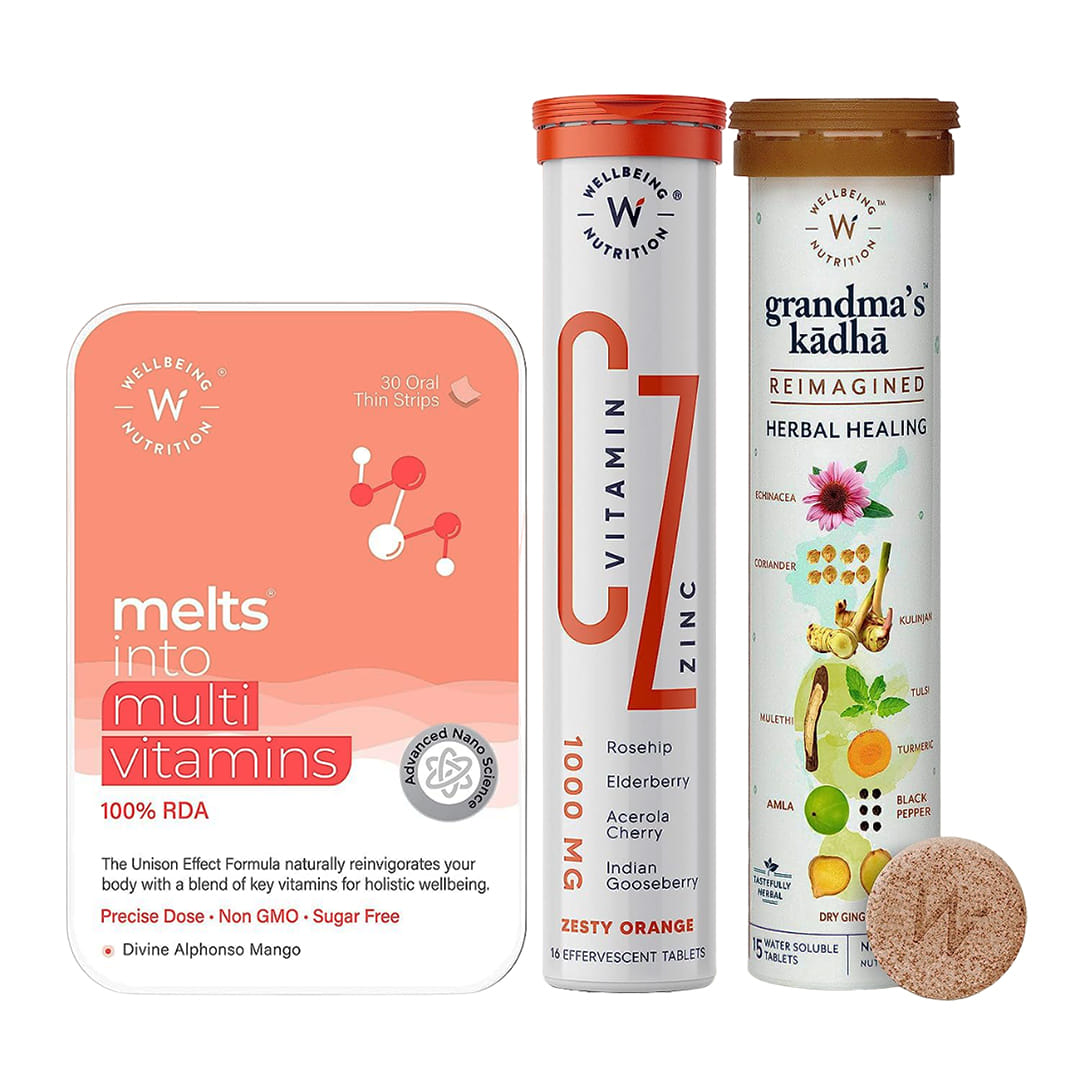 Wellbeing Nutrition Daily Immunity Booster Kit - Ayurvedic Kadha for Cold & Cough | Vitamin C & Zinc | Melts Multivitamin