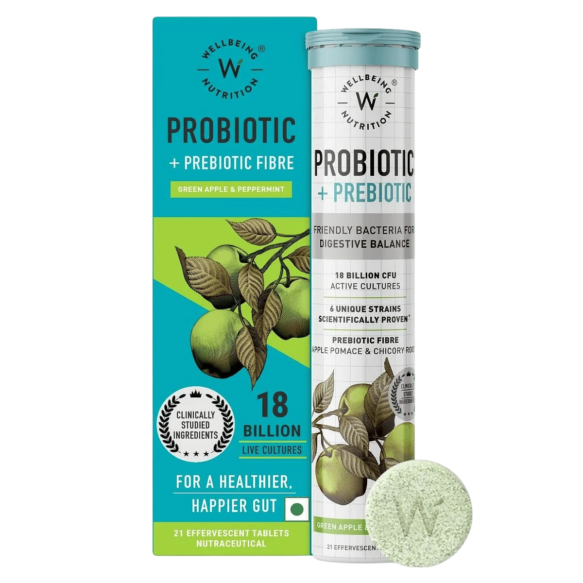 Wellbeing Nutrition Daily Probiotic + Prebiotic | 18 Billion CFU, 6 Strains for Men & Women with Organic Prebiotic Fiber for Digestion, Gut Health & Metabolism (21 Effervescent Tabs) Pack of