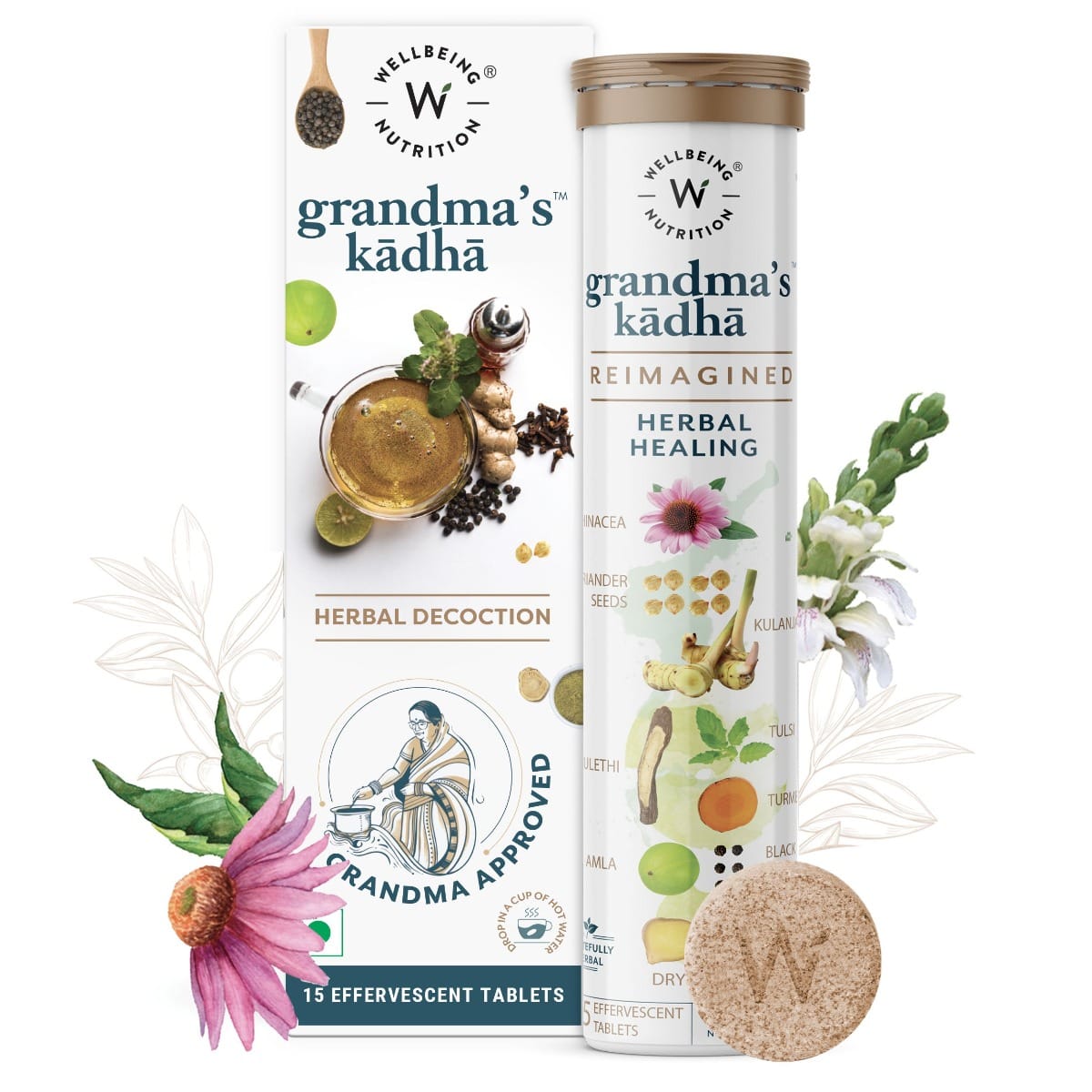 Wellbeing Nutrition Grandmas Kadha - Ayush Kwath Immunity Booster | Ayurvedic Kadha for Immunity, Cold, Cough, Sore Throat |Immunity Boosters for Adults (15 Effervescent Tablets)