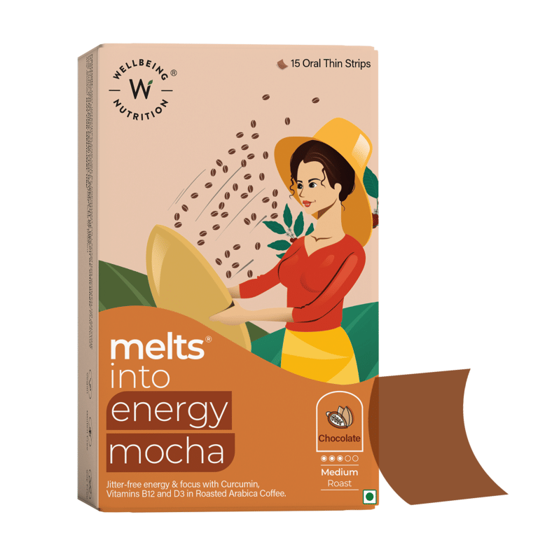 Wellbeing Nutrition Melts Energy Mocha | Arabica Coffee, CurcuWIN®, Folate and Vitamin B12 for Sustained Energy, Enhanced Focus & Improved Cognitive Health | Chocolate (15 Oral Thin Strips)