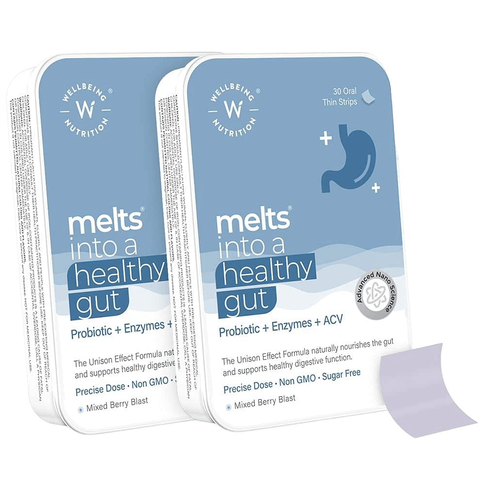 Wellbeing Nutrition Melts Healthy Gut |Plant Based Probiotic 10B CFU, Digestive Enzyme with Organic Apple Cider Vinegar For Indigestion, Gas, Acidity and Bloating (30 Oral Strips)