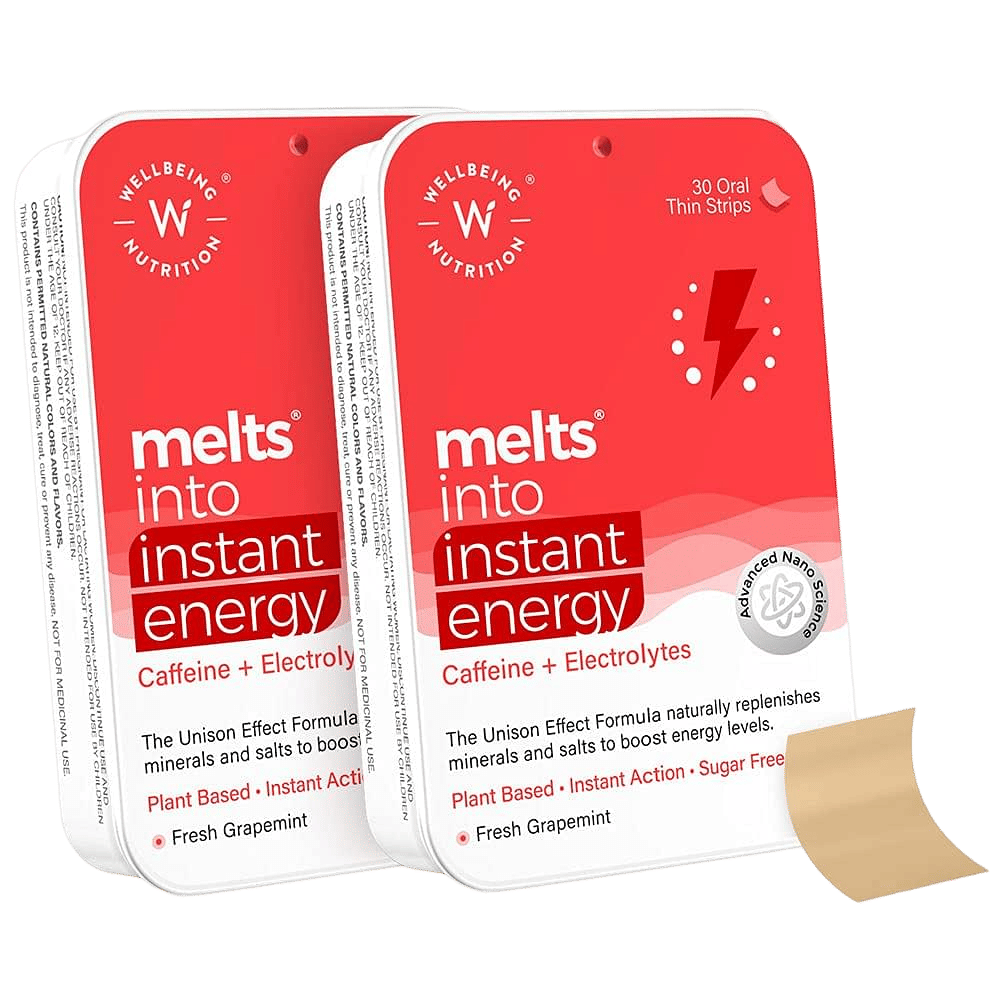 Wellbeing Nutrition Melts Instant Energy, 100% Plant Based Green Tea Caffeine, Essential Electrolytes and Vitamins for Sports Hydration, Energy Boost - 30 Rapid Oral Thin Strips
