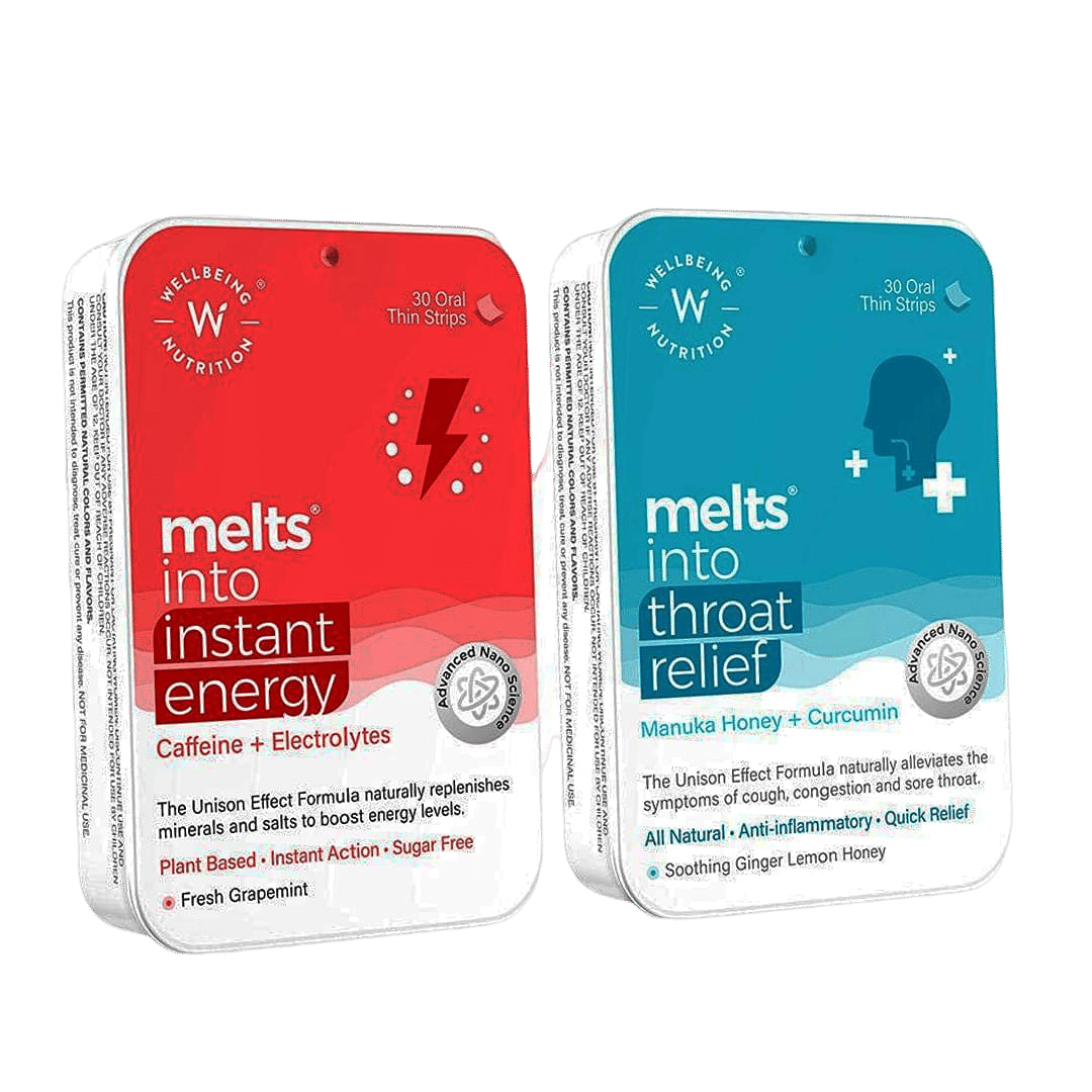 Wellbeing Nutrition Melts Instant Energy & Melts Sore Throat Relief- 60 Oral Thin Strips