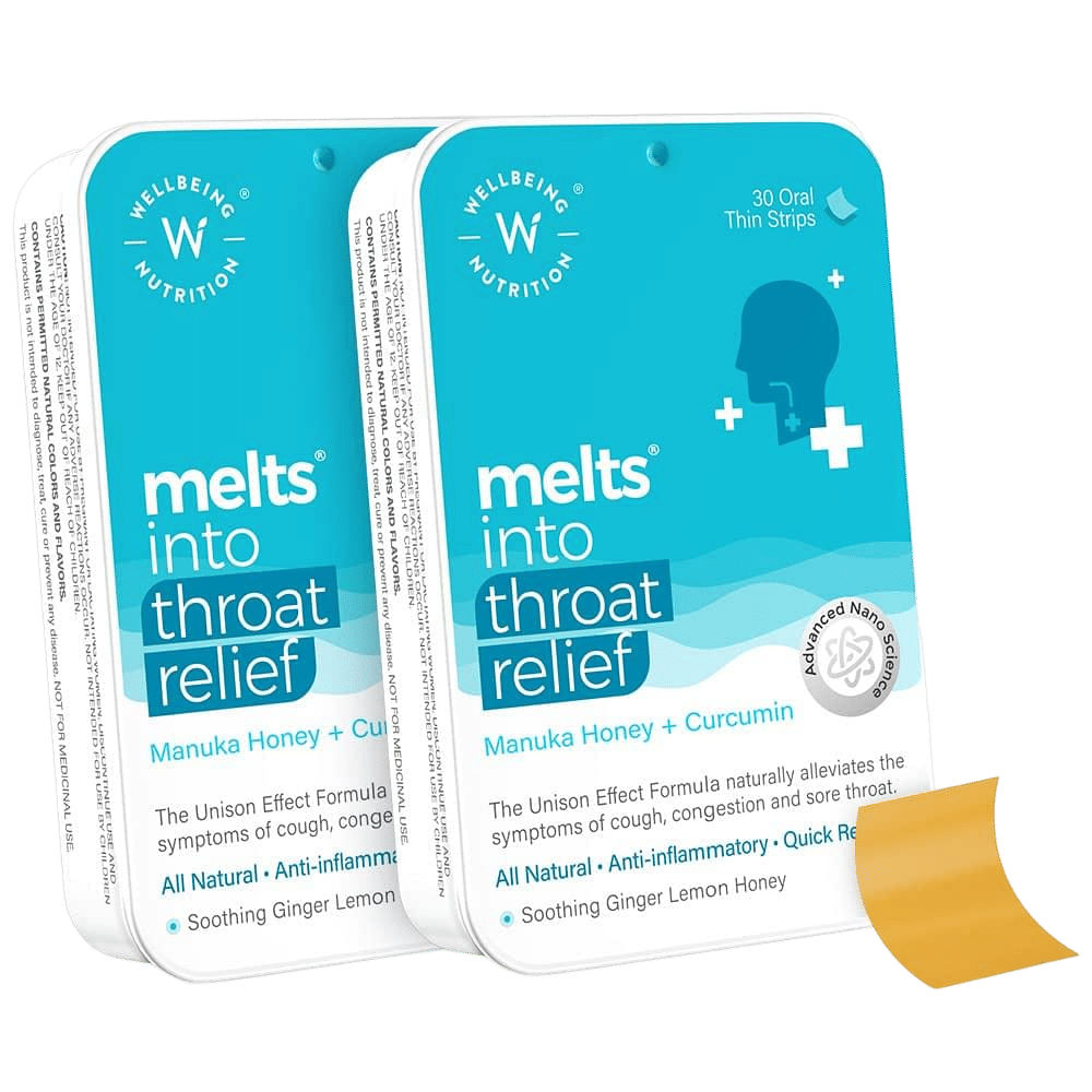 Wellbeing Nutrition Melts instant Throat Relief with 100% Natural Tulsi, Manuka Honey,Curcumin, Ginger, Mint, Alleviates Cough,Sore Throat Relief, Pain Relief (30 Oral Strips)