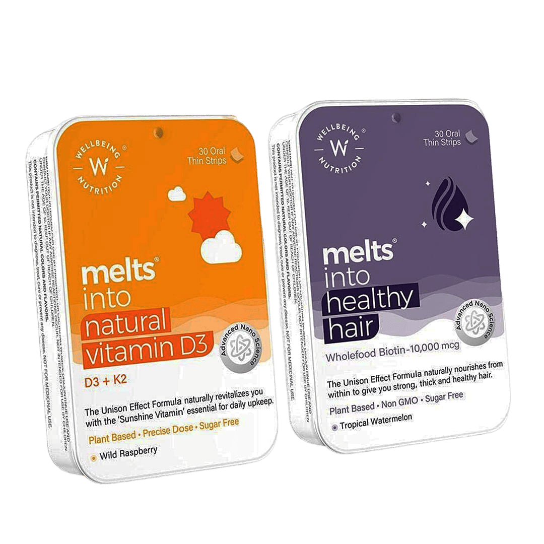 Wellbeing Nutrition Melts Natural Vitamin D3 + K2 (MK-7) & Melts Healthy Hair (60 Oral Strips)
