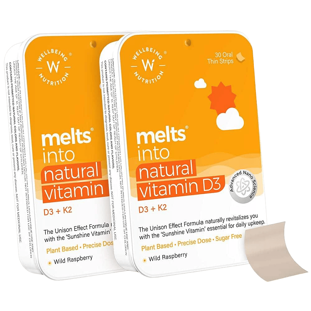 Wellbeing Nutrition Melts Natural Vitamin D3 + K2 (MK-7) with Organic Virgin Coconut Oil & Astaxanthin, Plant-Based & Vegan for Immunity, Heart, Muscle,Bone (30 Oral Strips)