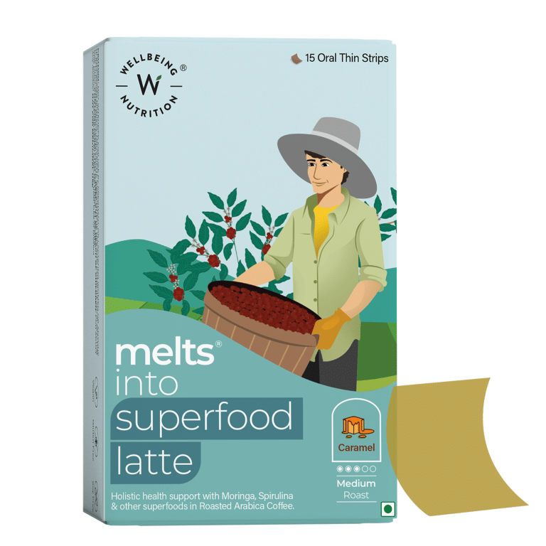 Wellbeing Nutrition Melts Superfood Latte | Arabica Coffee, Spirulina, Ashwagandha & Moringa for Holistic Health, Immune Support & Stress Relief | Caramel (15 Oral Thin Strips)