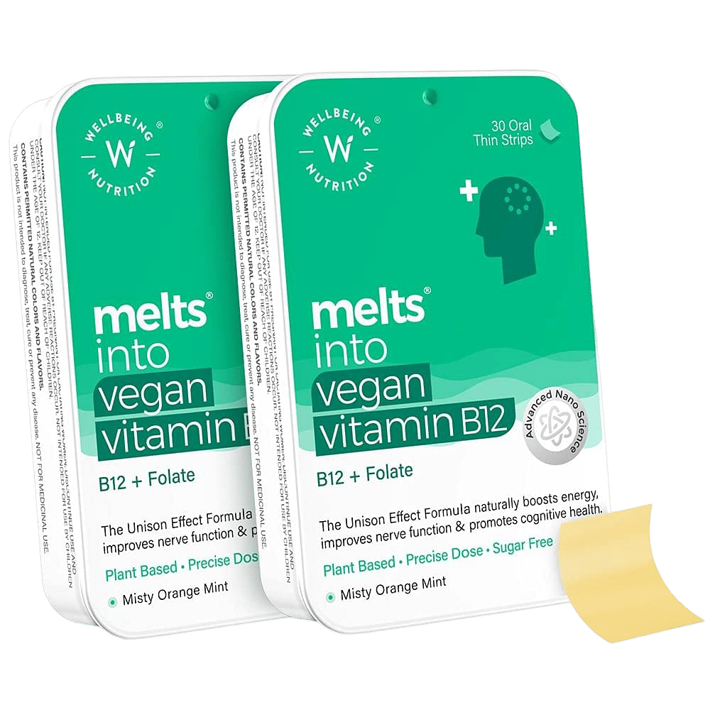 Wellbeing Nutrition Melts Vegan Vitamin B12 | 30 Oral Thin Strips | Orange Mint | Nervous System | Heart