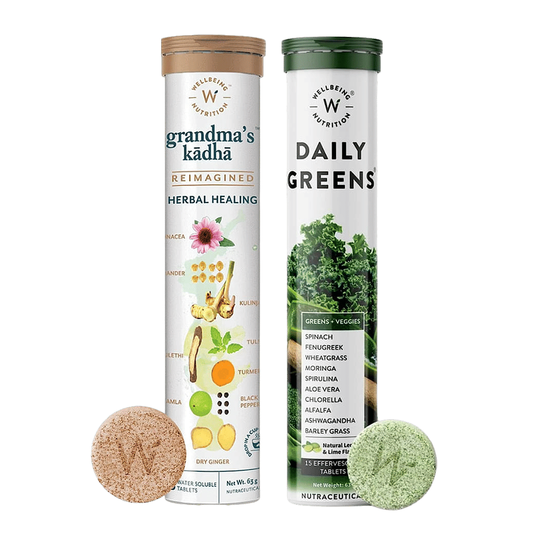 Wellbeing Nutrition Organic Immunity Booster Kit, Daily Greens - Wholefood Multivitamin with C, Zinc, B12 and Grandma’s Kadha- Ayurvedic Kadha for Immunity (15x2 Effervescent Tablets)