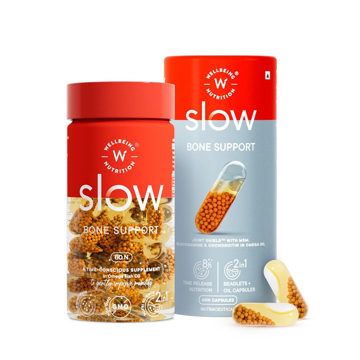 Wellbeing Nutrition Slow Bone Support Capsule Men & Women | Bone and Joint Vitamin Supplements | Glucosamine, Chondroitin, MSM, Calcium | For joint mobility and bone strength (60 Capsules)