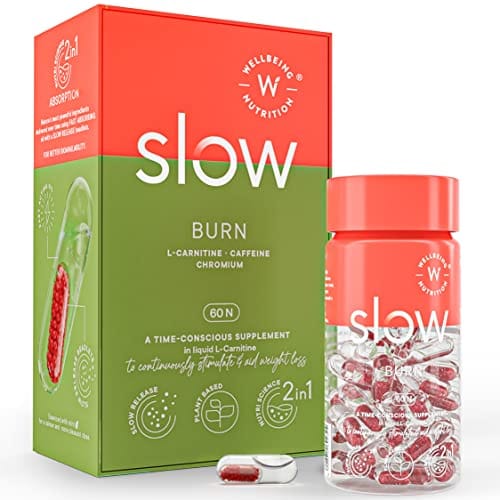 Wellbeing Nutrition Slow Burn | Fat Burner for Men & Women (60 Capsules) | Caffeine & Chromium in Advanced Liquid L-Carnitine to Convert Fat into Energy | Metabolism, Energy & Endurance