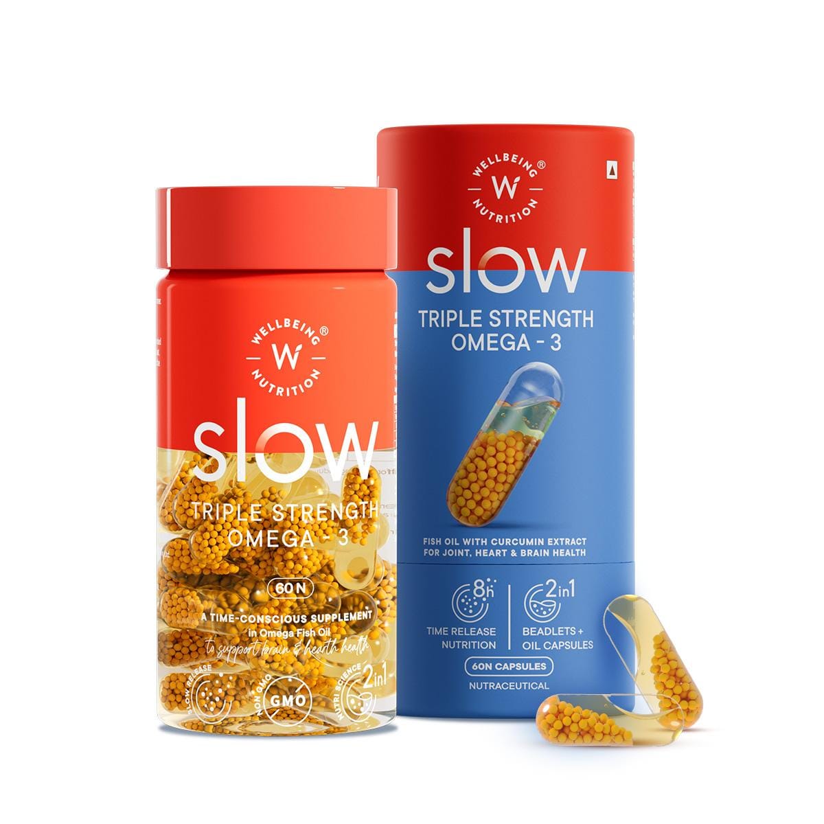 Wellbeing Nutrition Slow Triple Strength Omega-3 Fish Oil Capsules with Curcumin for Men & Women 1240mg | 620mg of EPA, 397mg of DHA| For Brain, Joint & Heart (60 Capsules)