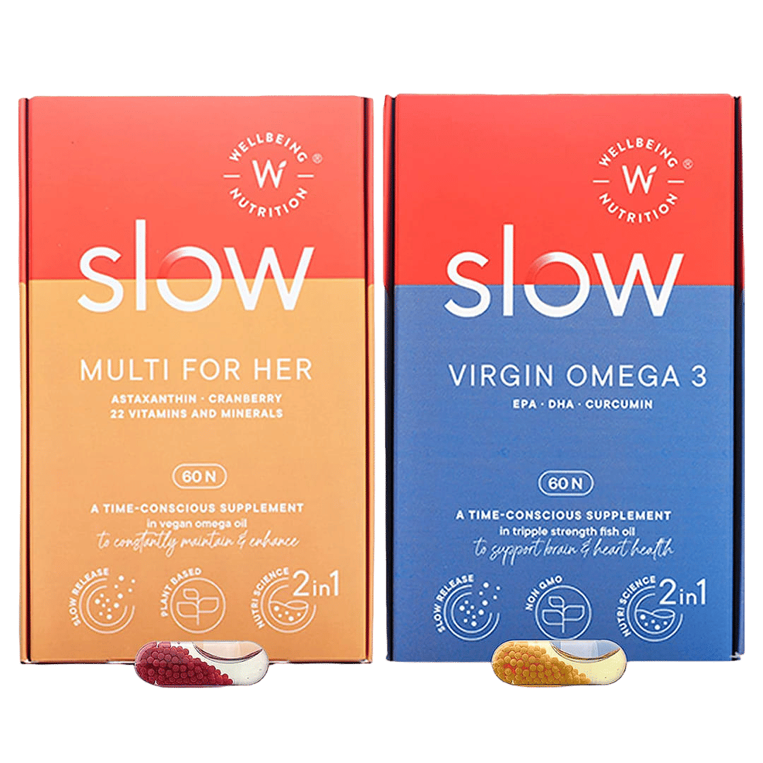 Wellbeing Nutrition Slow | Multivitamin and Fish Oil Combo | Plant Based 100% RDA of 22 essential Vitamins & Minerals | Extra Virgin Fish Oil 1240mg Omega-3 | EPA, DHA & Curcumin (60*2 Capsu