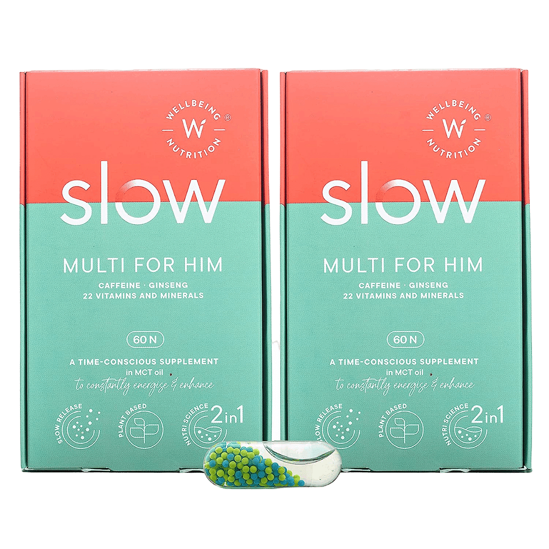 Wellbeing Nutrition Slow | Multivitamin for Men |Plant Based 100% RDA of 22 Essential Vitamins & Minerals|Caffeine & Ginseng in MCT Oil |Energy, Stamina, Immunity & Vitality (60 Capsules - P