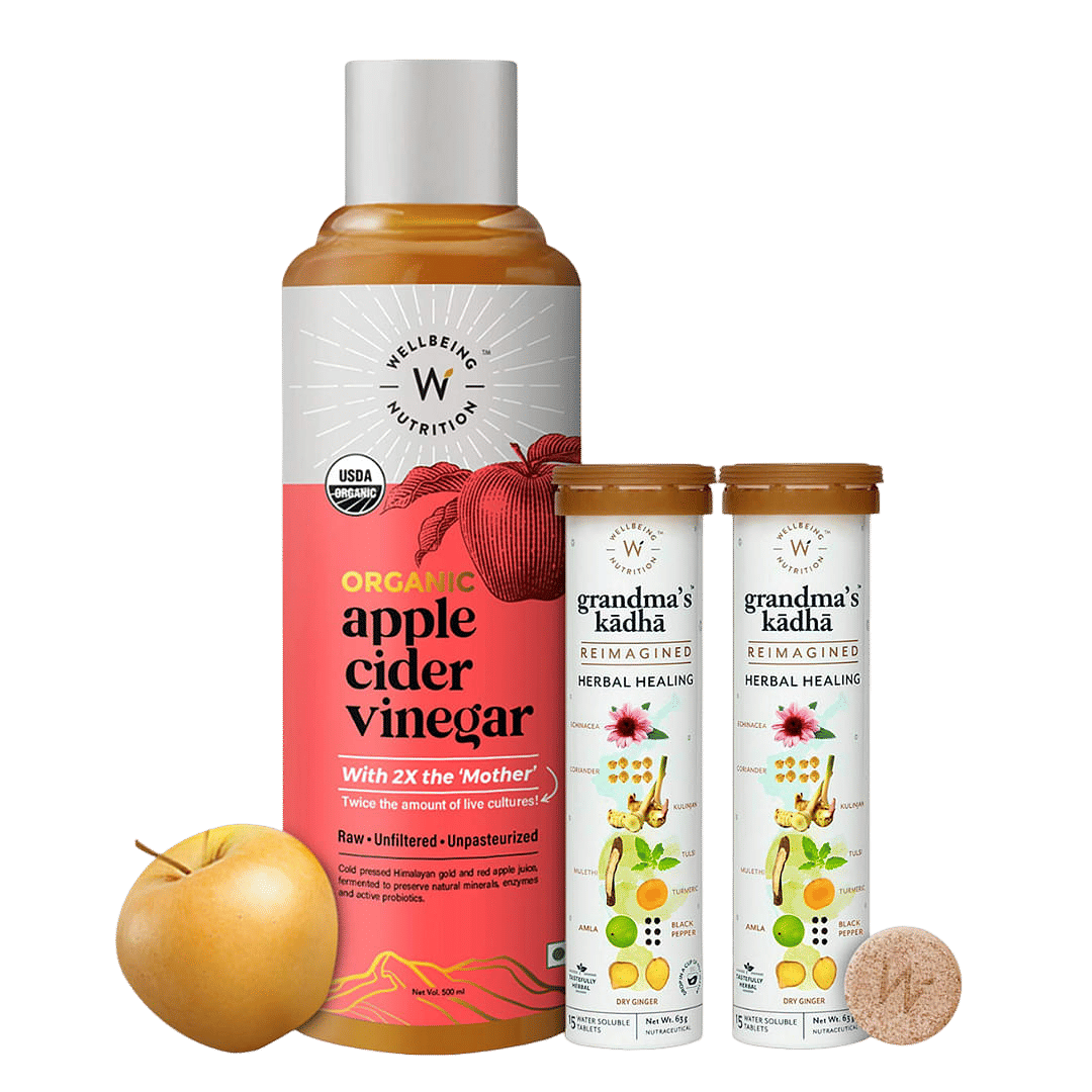 Wellbeing Nutrition USDA Organic Apple Cider Vinegar 500ml with 2X Mother, Raw Unfiltered, Unpasteurized, 2 X Grandma's Kadha, Ayurvedic Immunity Booster for Cold, Cough, Fever, Headache, Di