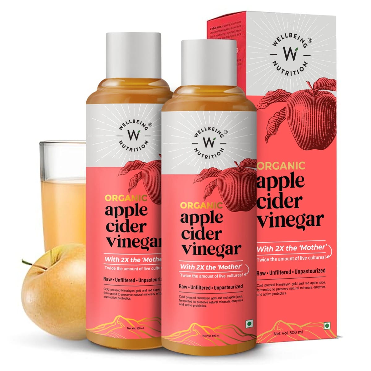 Wellbeing Nutrition USDA Organic Himalayan Apple Cider Vinegar (ACV) with 2X Strands of Probiotic Mother and Enzymes, Raw, Unfiltered, Unpasteurized - 500ml