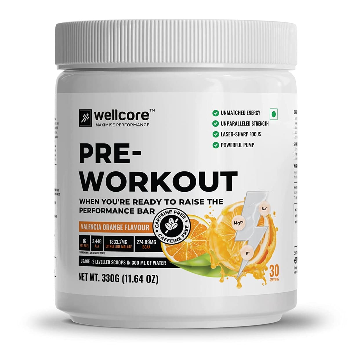 Wellcore - Pre Workout Supplement (330g) | Orange | EAA, BCAA, & Electrolytes-based Energy Drink Powder | No Sugar, No Caffeine