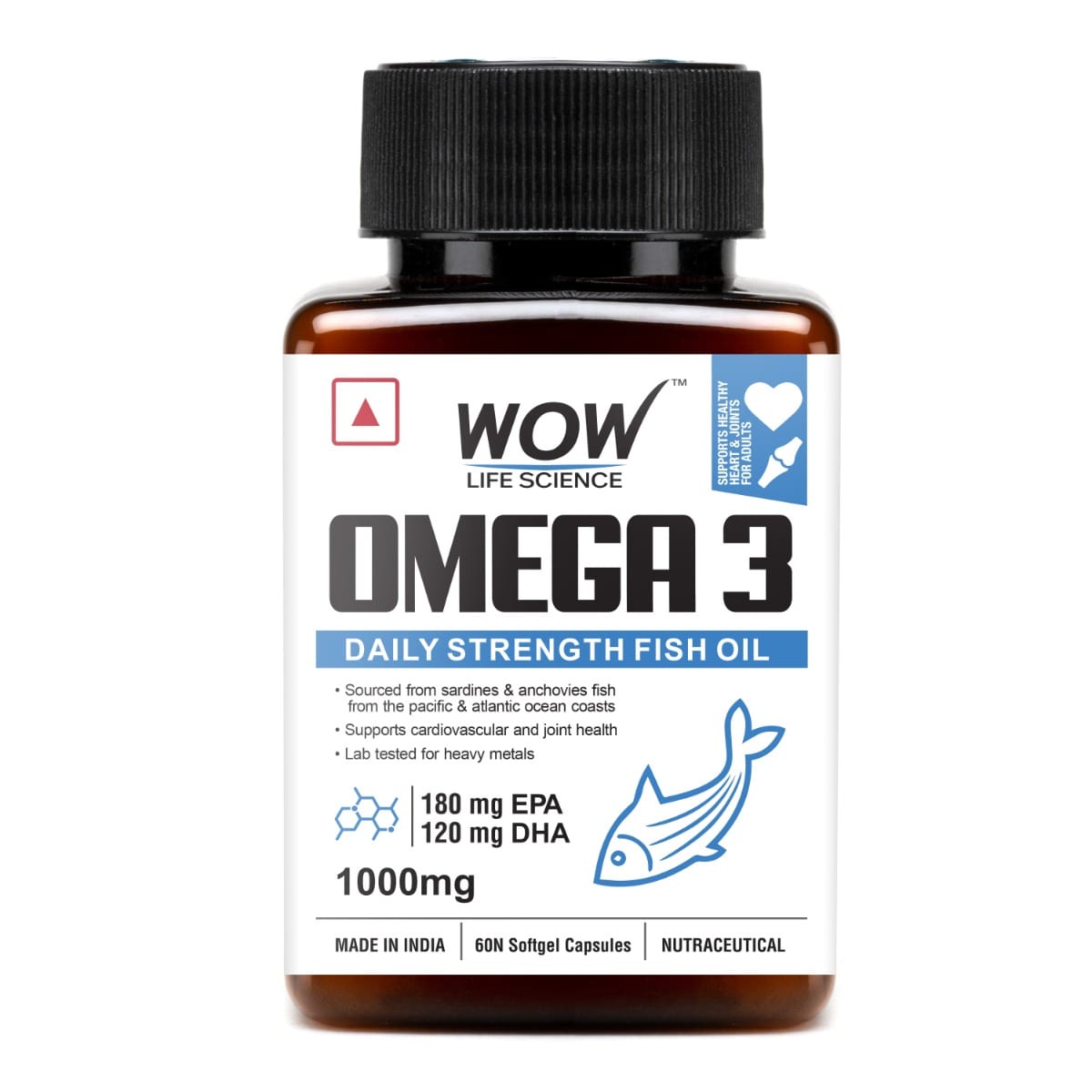WOW Life Science Omega 3 | Daily Strength Fish Oil Capsules - 60 Capsules