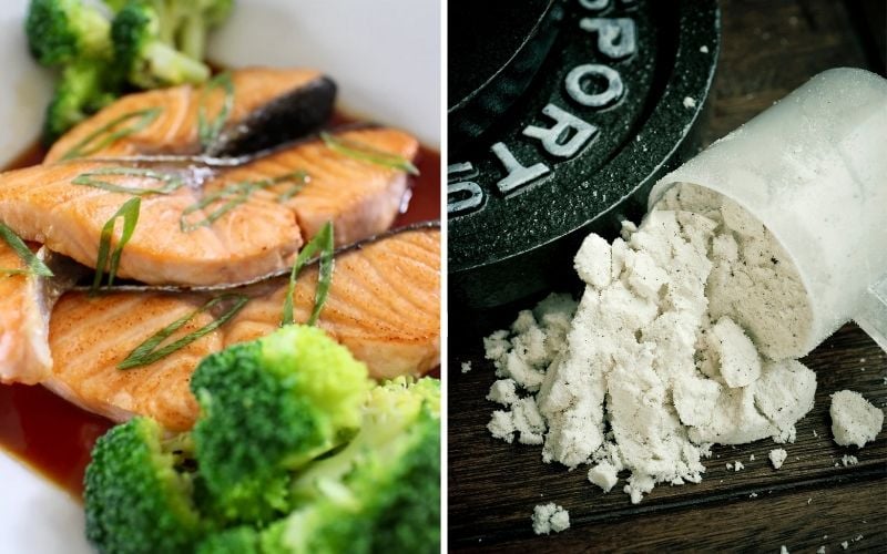 Salmon filets and broccoli on left. Protein powder on the right. 