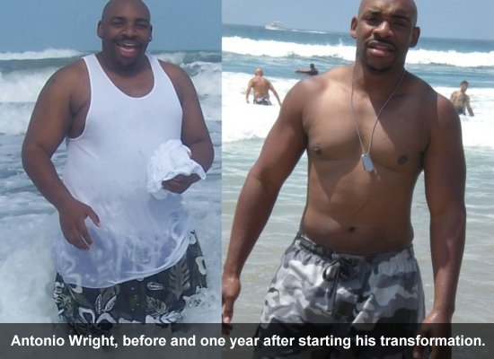 Antonion Wright before and one year after starting his transformation.