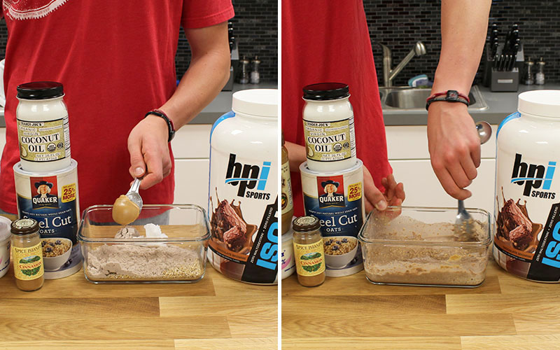 Adding Overnight Oats Dry Ingredients And Mixing With Water