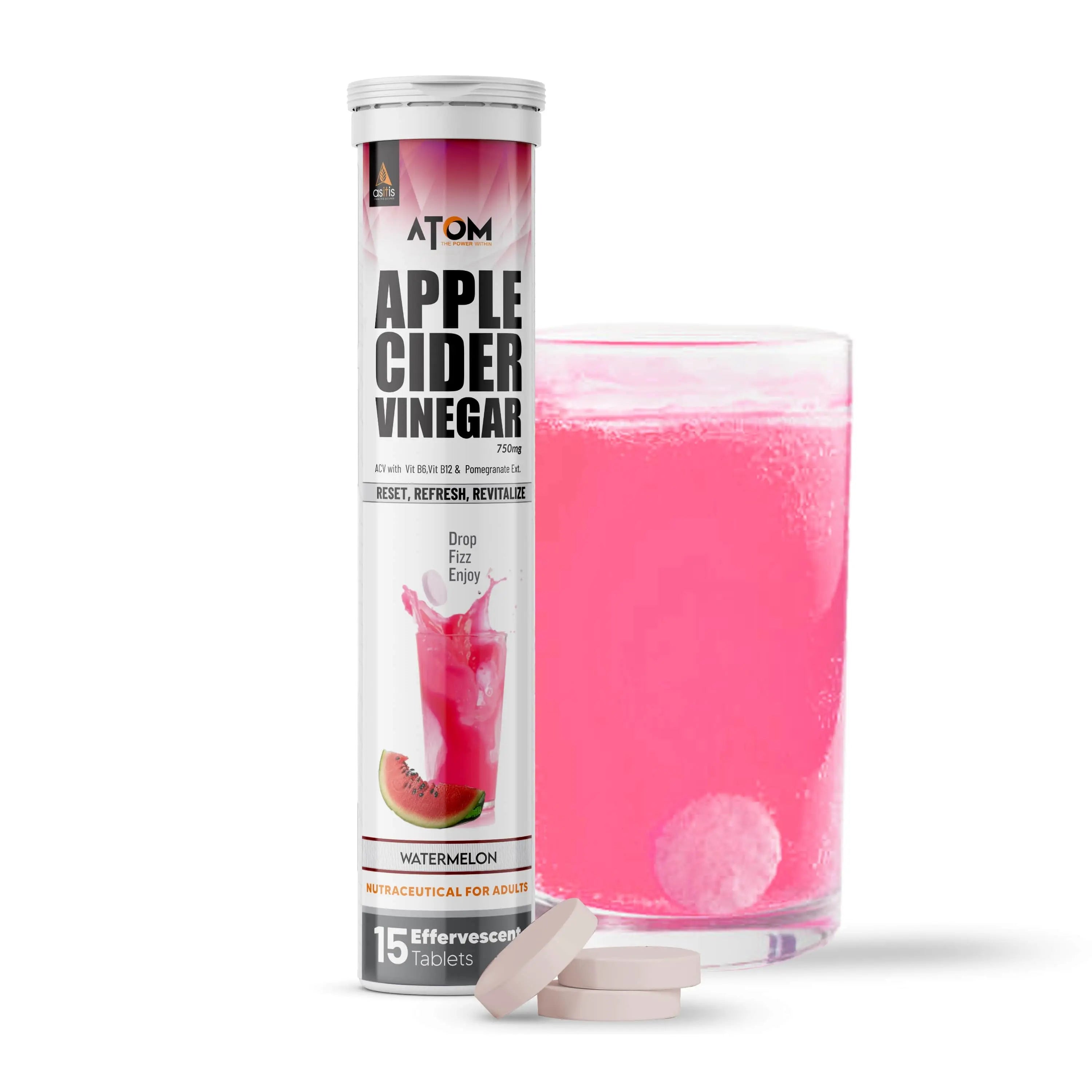 ATOM Apple Cider Vinegar Effervescent Tablets with Mother, Vit. B6, B12 & pomegranate extract for Weight loss, Boost metabolism & Gut Health | Water Melon Flavor