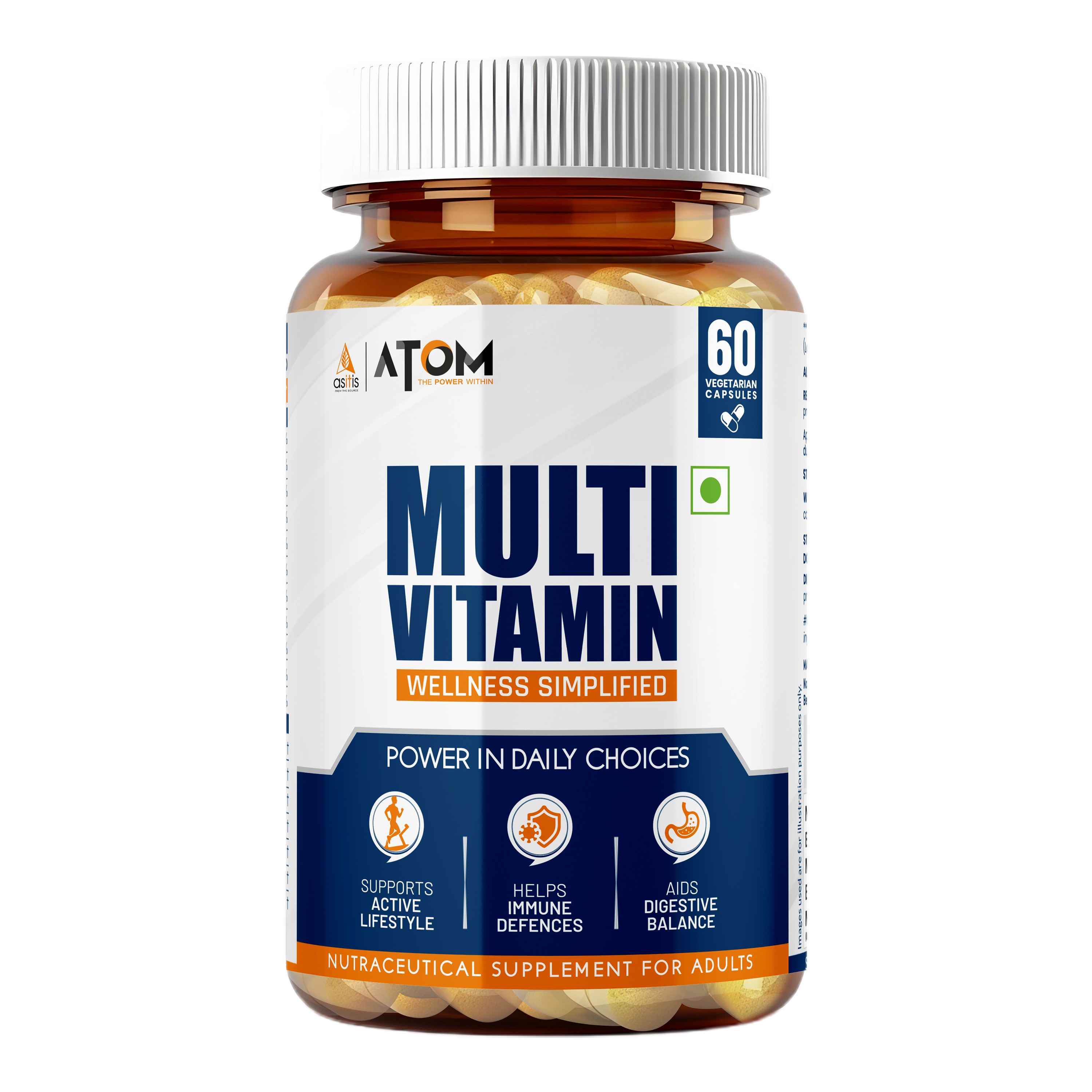 ATOM Multivitamin for Men & Women - 60 capsules | 31 Vital Nutrients | With Probiotic Blend