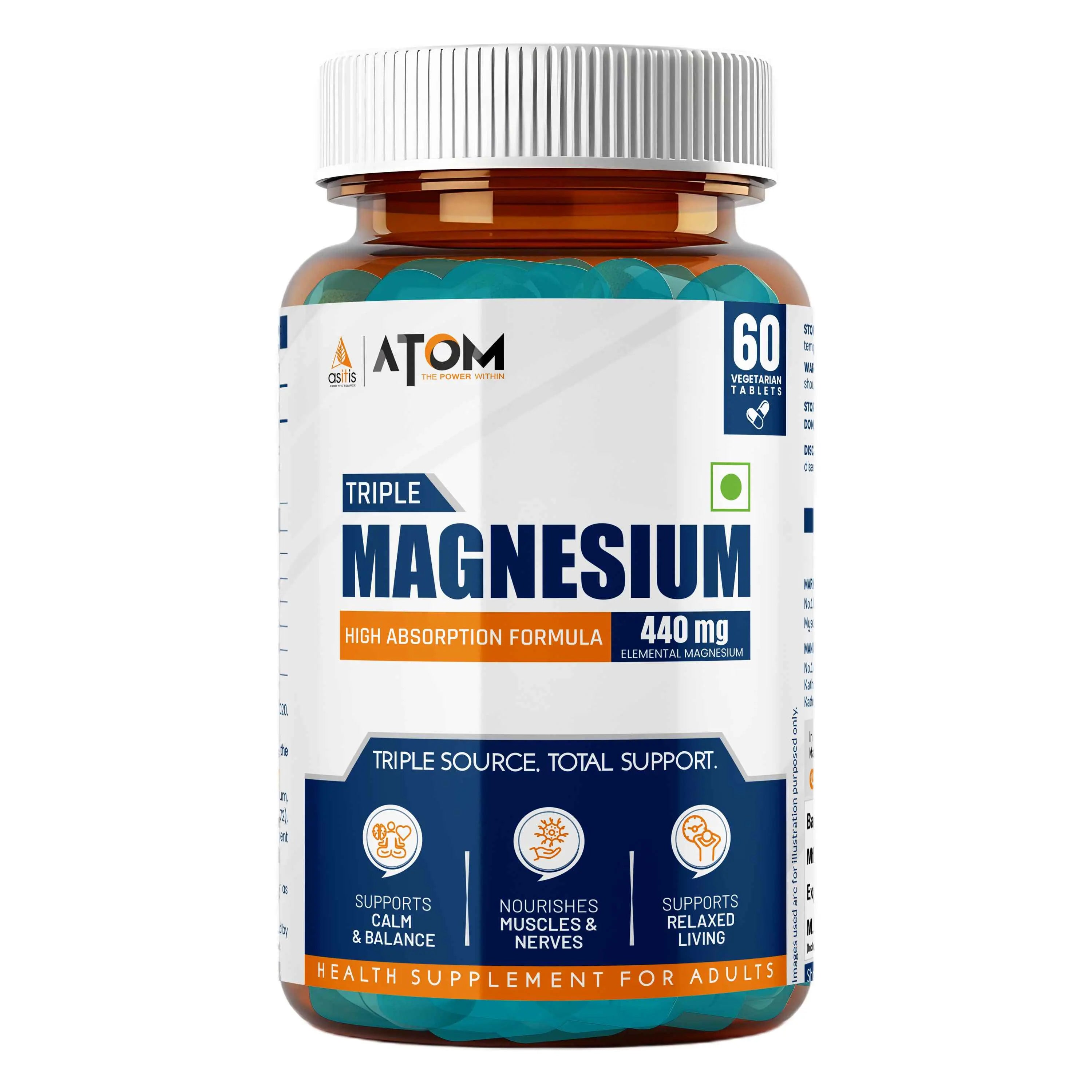 AS-IT-IS ATOM Triple Magnesium Tablets – 440mg Elemental Magnesium | Glycinate, Liposomal, Aquamin®| High Absorption | 60 Vegetarian Tablets