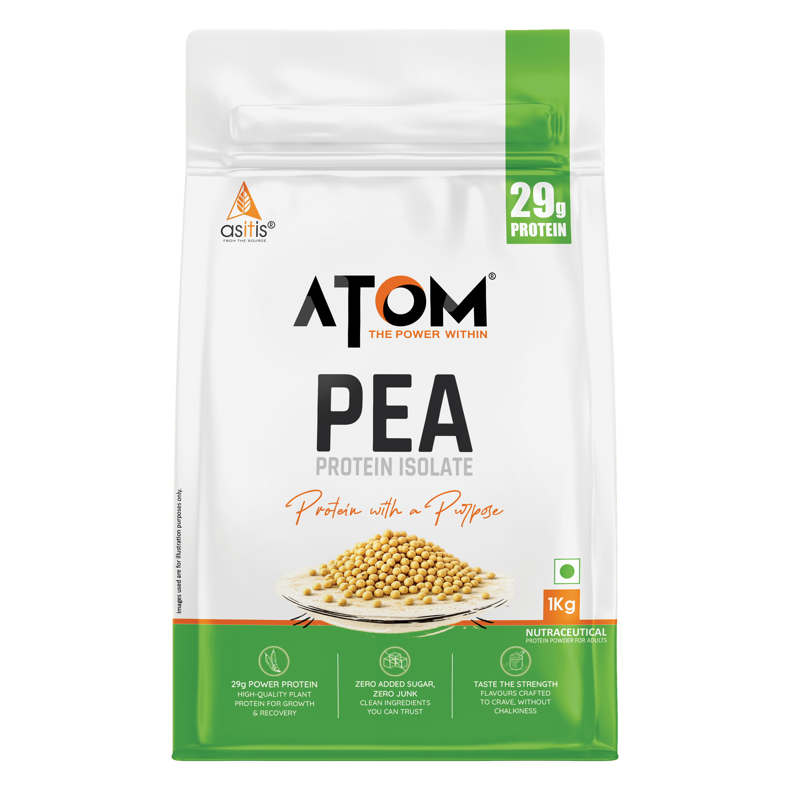 ATOM Pea Protein| 29g Protein| Peak Muscle Gains & Fast Recovery| Easy Digest| Vegan| Smooth & Delicious| 1kg