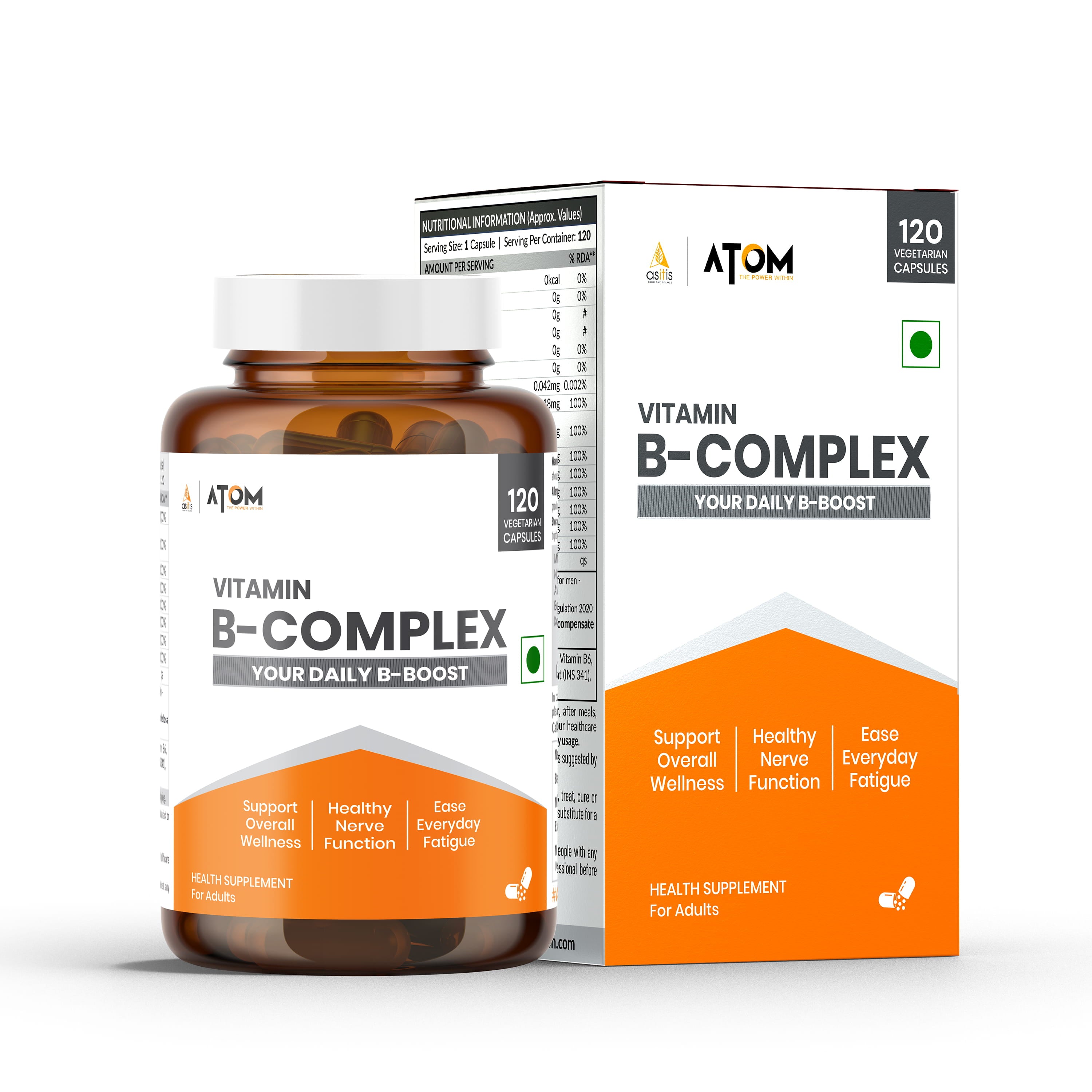 ATOM Vitamin B Complex 100% RDA for all B Vitamins - 120 Capsules