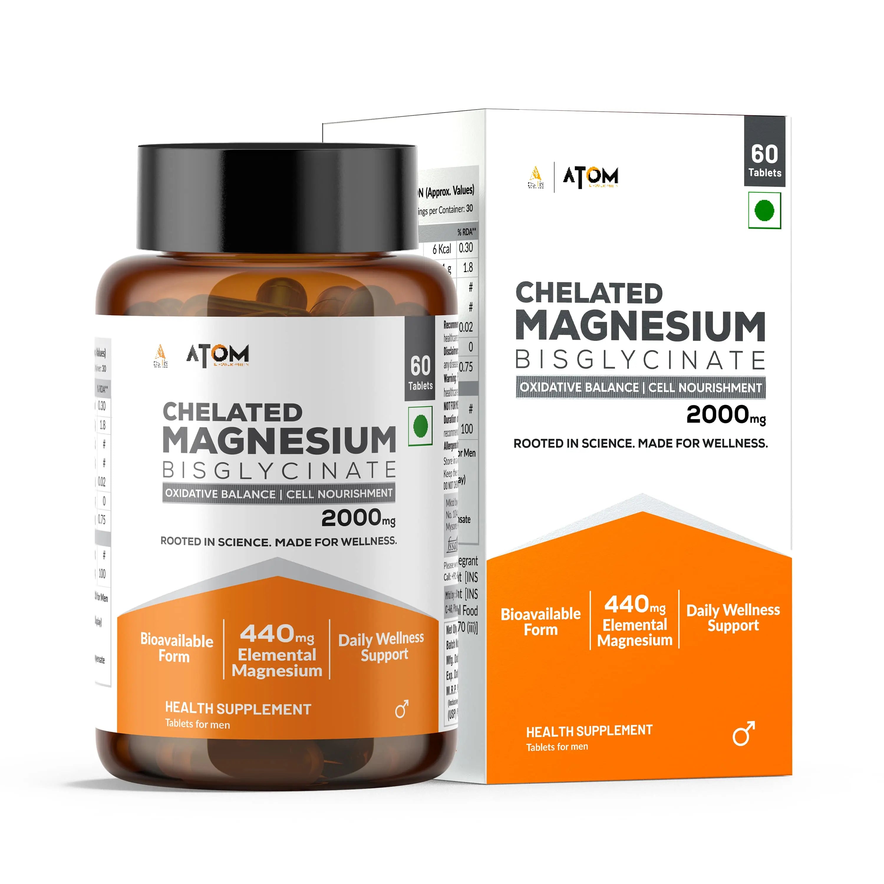ATOM Magnesium Bisglycinate, 440mg Elemental Mg - 60 Tablets