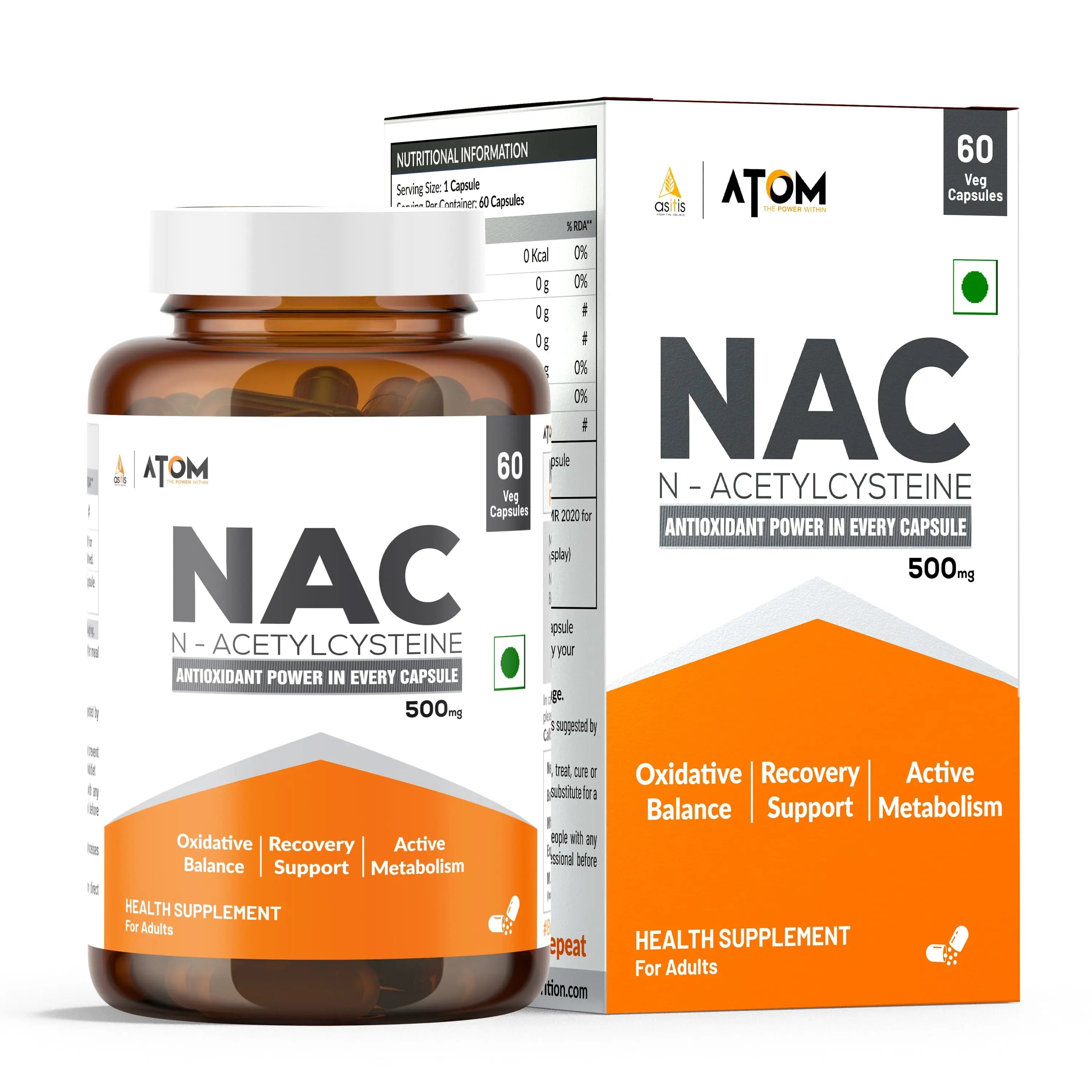 ATOM NAC (N-Acetylcysteine) 500mg I 60 Veg Capsules