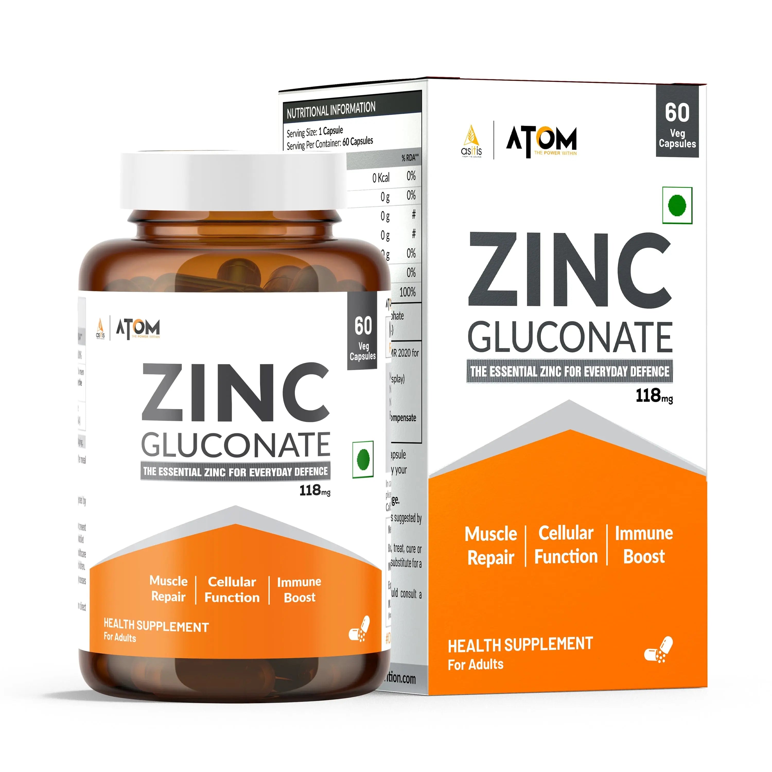 ATOM Zinc Gluconate 118mg I 17mg Elemental Zinc I 60 Veg Capsules
