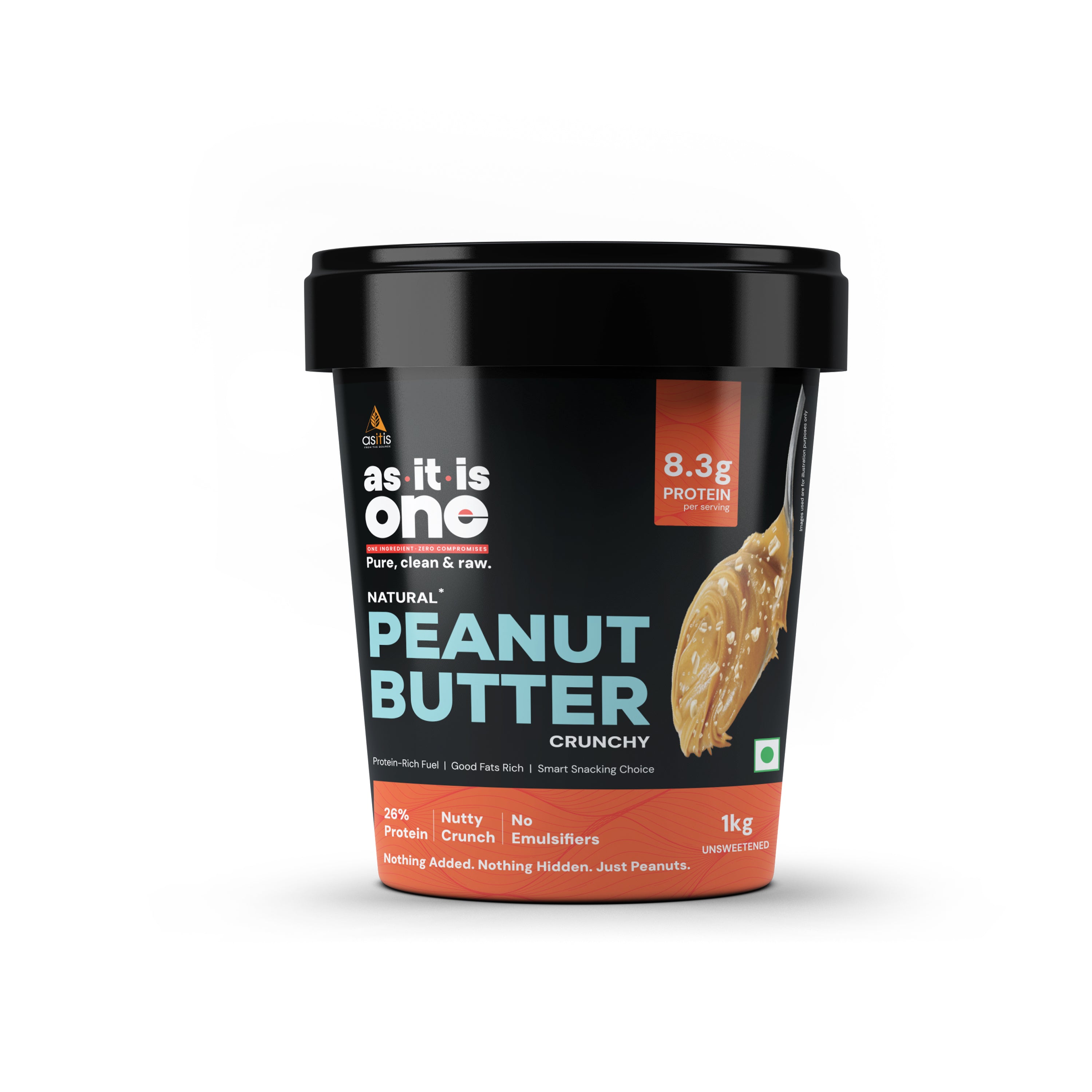 AS-IT-IS Peanut Butter Natural & Unsweetened with High Protein - 1Kg
