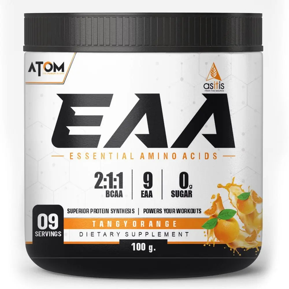 ATOM EAA (Essential Amino Acids) | 2:1:1 BCAA Ratio | 9.6g EAA | Zero Added Sugar | Tangy Orange Flavor