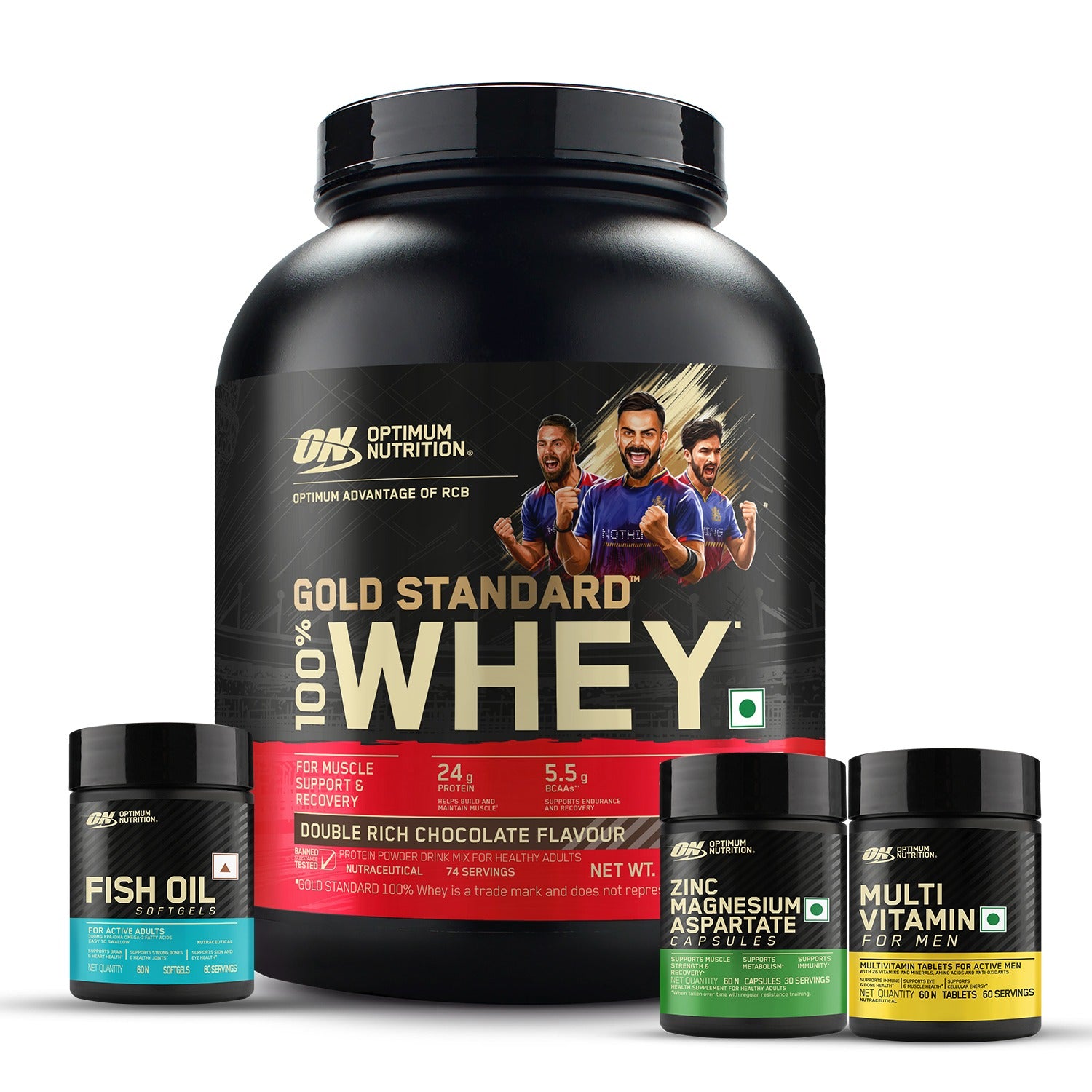 Gold Standard 100% Whey Protein Powder Double Rich Chocolate 5 lbs + Multivitamin for MEN- 60 Tablets + Zinc Magnesium Aspartate (ZMA) - 60 Capsules + Fish Oil - 60 Capsules
