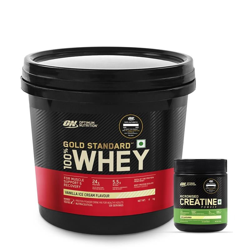 Gold Standard 100% Whey Protein Powder  Vanilla Ice Cream  4 kg and Micronized Creatine Powder  Unflavoured 100 g