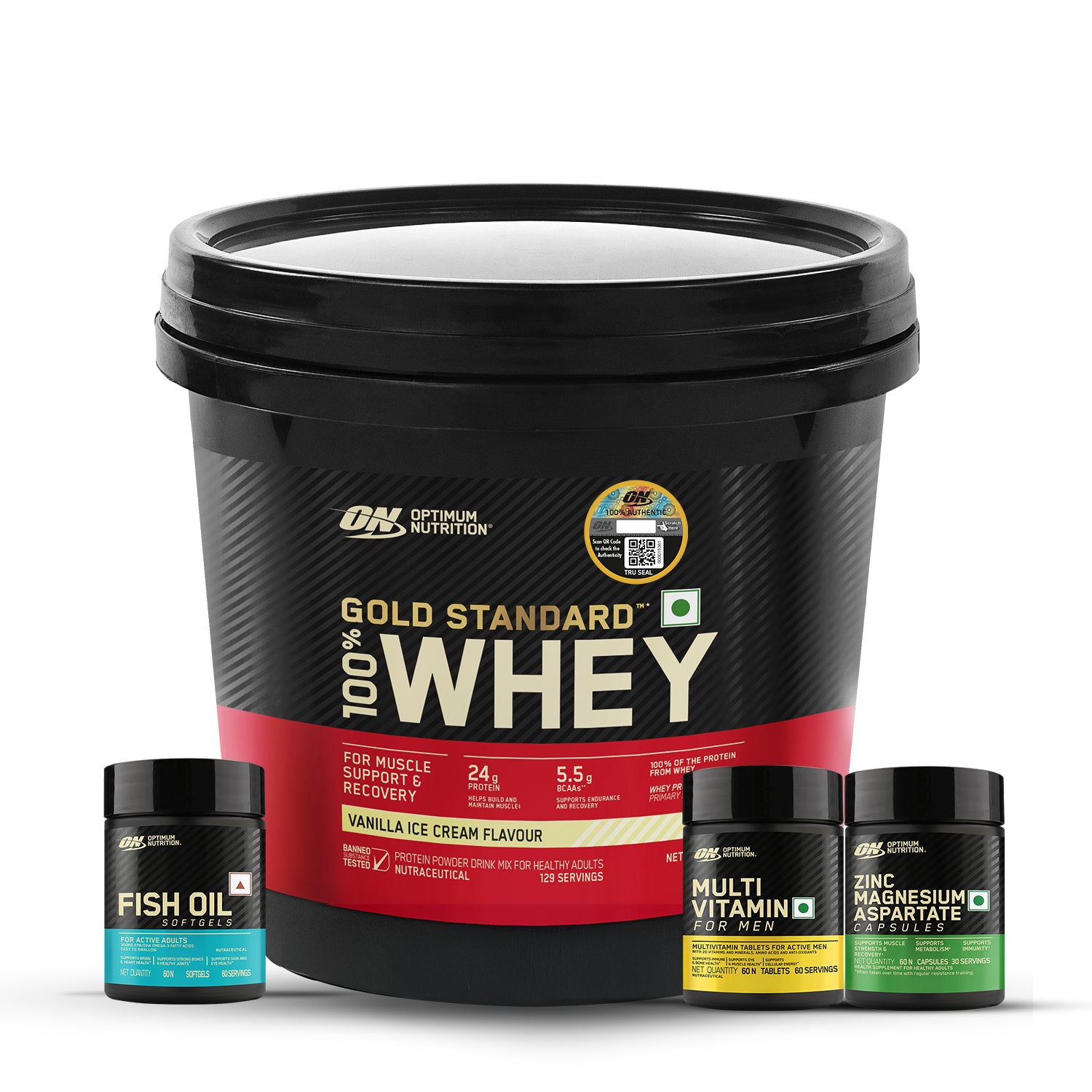 Gold Standard 100% Whey Protein Powder  Vanilla Ice Cream 4 kg + Multivitamin for MEN- 60 Tablets + Zinc Magnesium Aspartate (ZMA) - 60 Capsules + Fish Oil - 60 Capsules