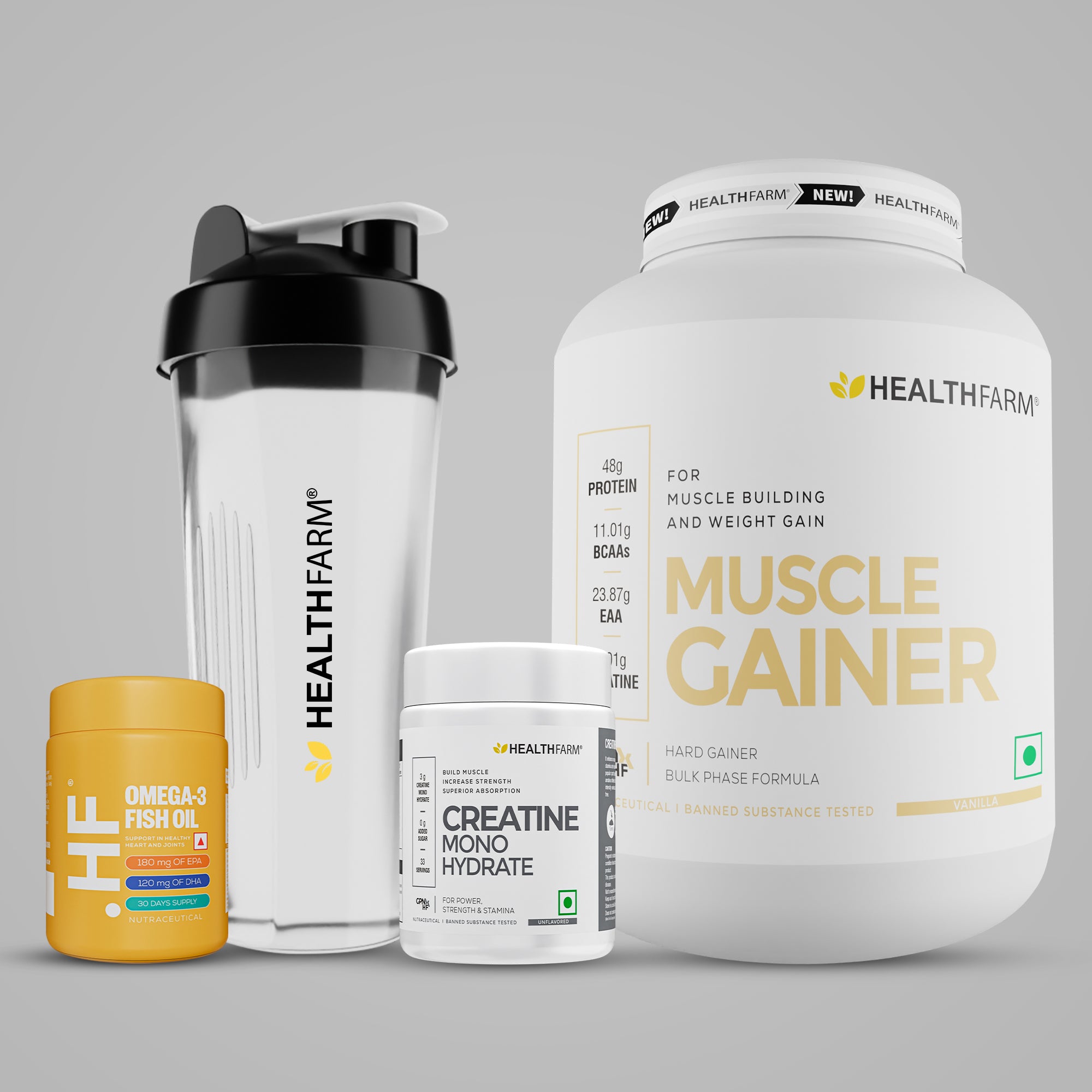 Healthfarm Muscle Gainer + Omega 3 Fish Oil + Creatine (50g) Combo