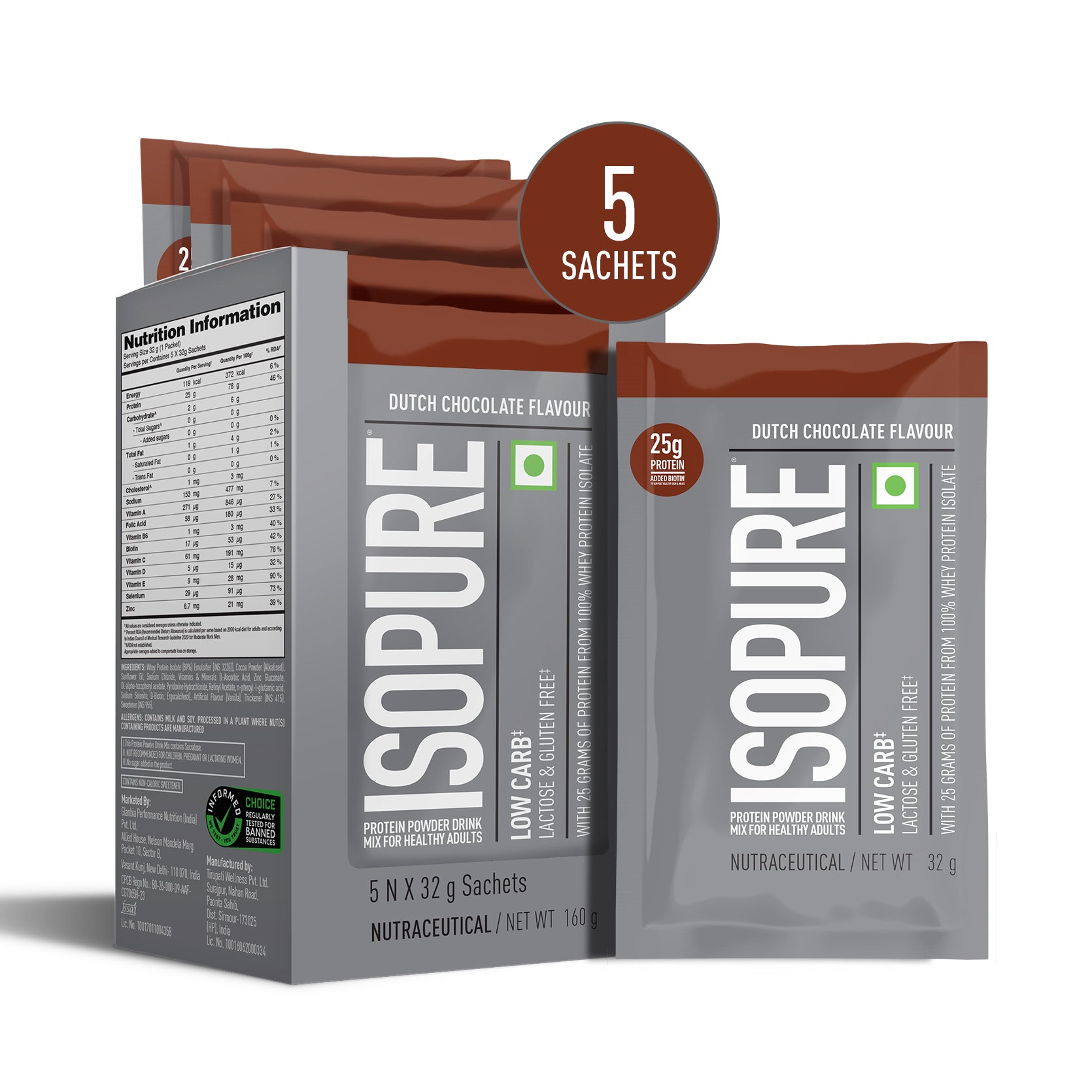 Isopure Low Carb Dutch Chocolate Whey Isolate Protein Powder- Pack of 5 single serve sachets
