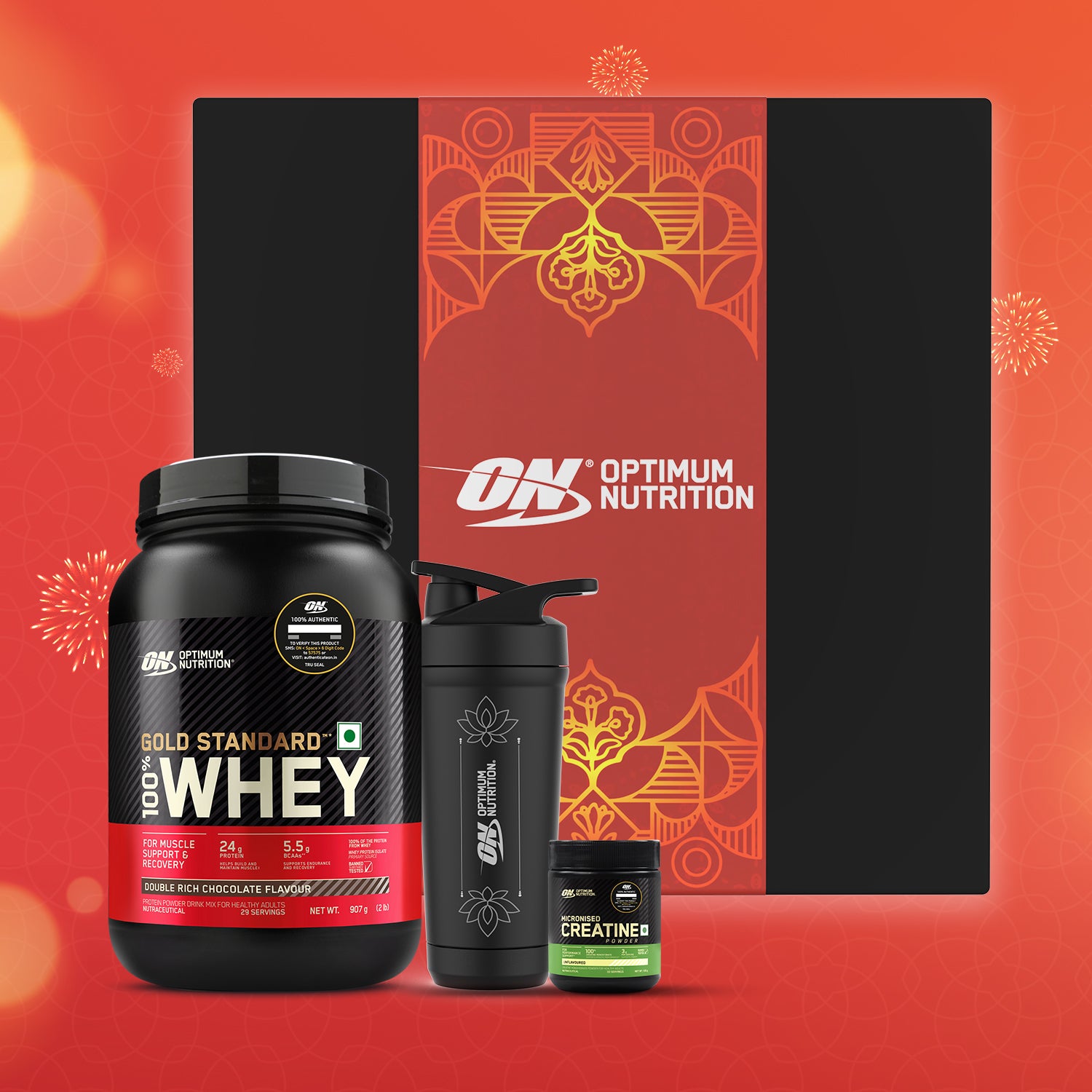 Muscle Gain Gift Box: Gold Standard 100% Whey Double Rich Chocolate 2 lbs + Creatine 100g + Steel Shaker