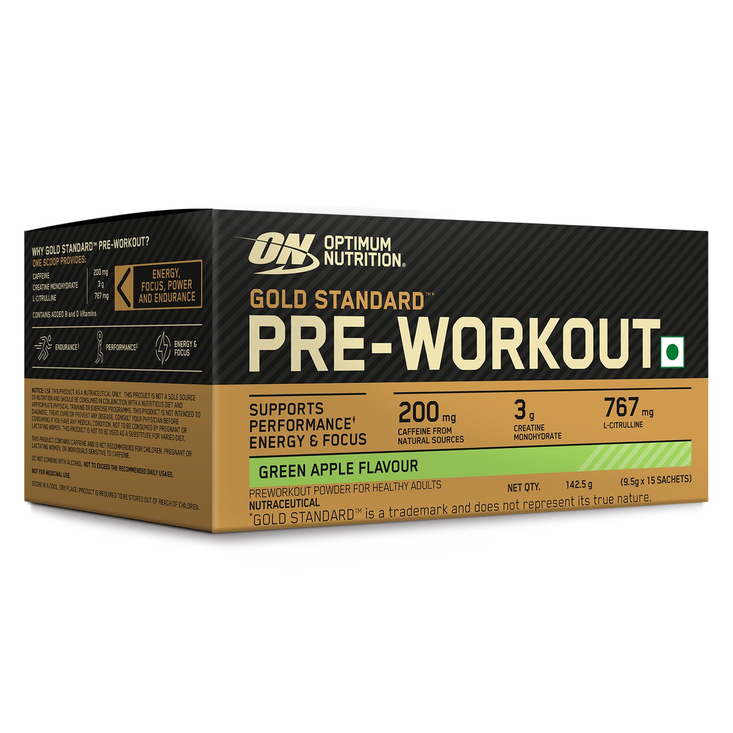 Optimum Nutrition (ON) Gold Standard Pre-Workout- 142.5g/15 single serve packs (Green Apple Flavor), For Energy, Focus, Power, Endurance & Performance
