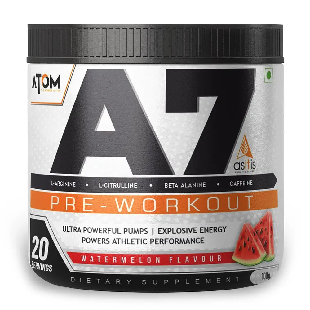 ATOM A7 Pre-workout with Caffeine, L-arginine, Creatine, Beta-alanine | Watermelon Flavour