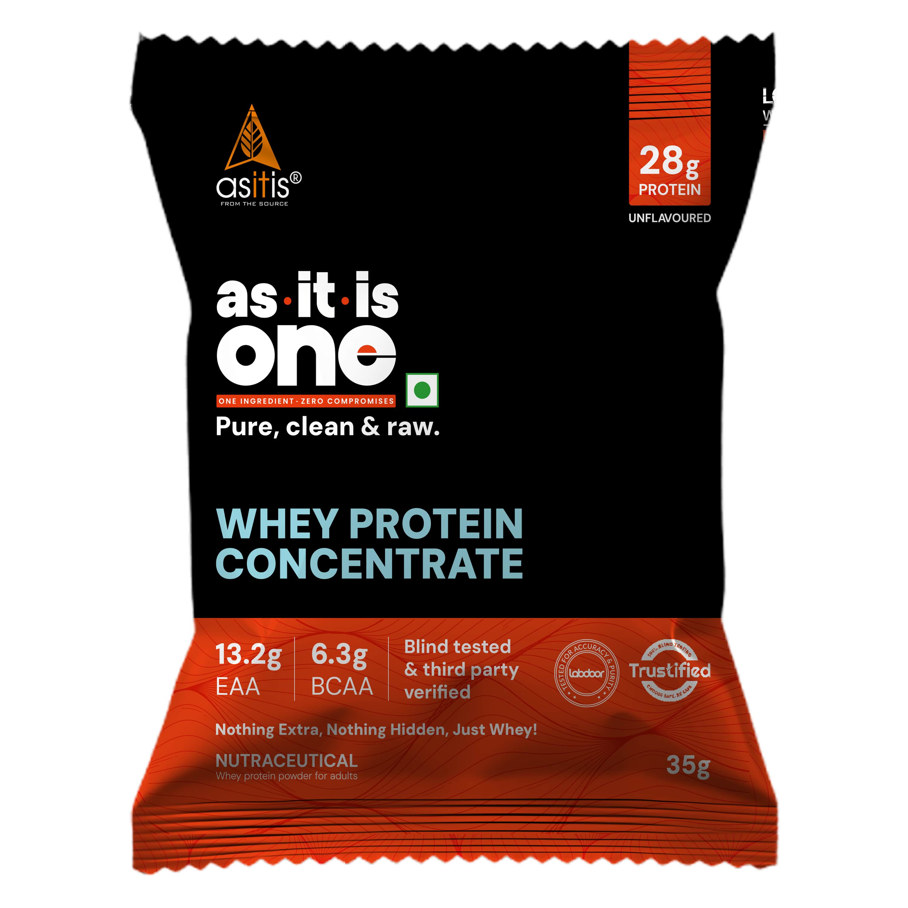 AS-IT-IS ONE Whey Protein Concentrate I Pure, Clean & Raw, 28g Protein, Unflavoured (25 Sachets x 35g each)