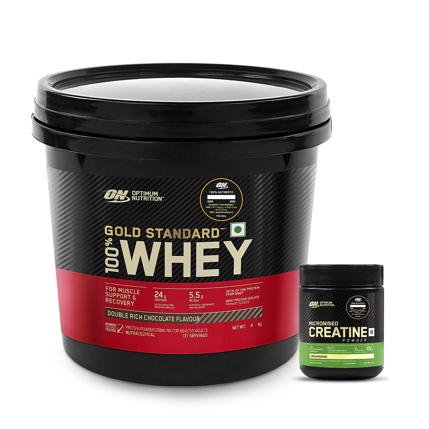Gold Standard 100% Whey Protein Powder  Double Rich Chocolate  4 kg and Micronized Creatine Powder Unflavoured 100 g