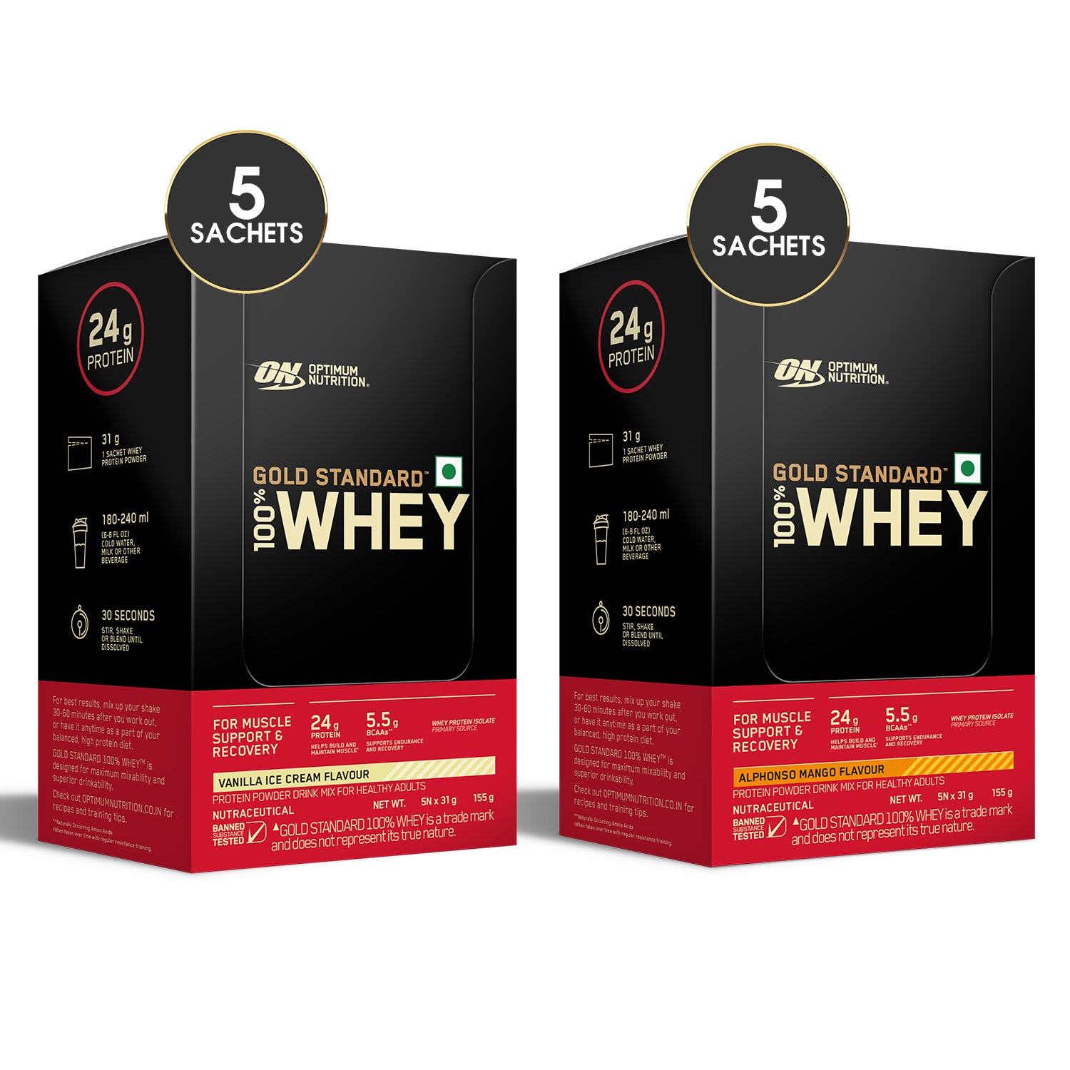 Gold Standard 100% Whey - Vanilla Ice Cream - Pack of 5 + Gold Standard 100% Whey - Alphonso Mango - Pack of 5